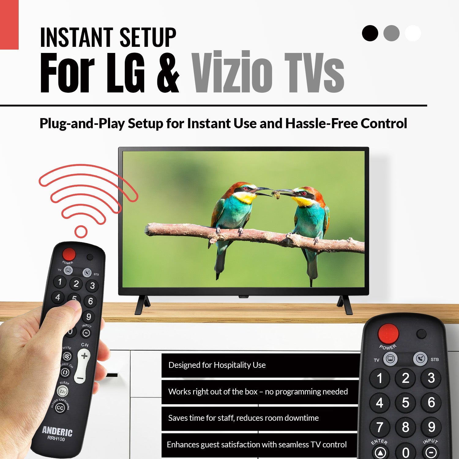 Anderic RRH100 2-Device Universal Remote Control for Hospitality TVs and Cable/Satellite/STB Boxes with Learning