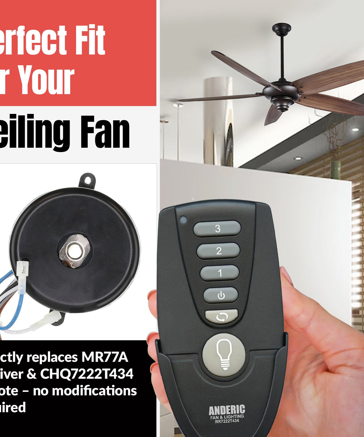 Anderic MR77A-RR7222T434-KIT Replacement Ceiling Fan Remote Control Kit for Home Decorators Collection Altura 68 Inch
