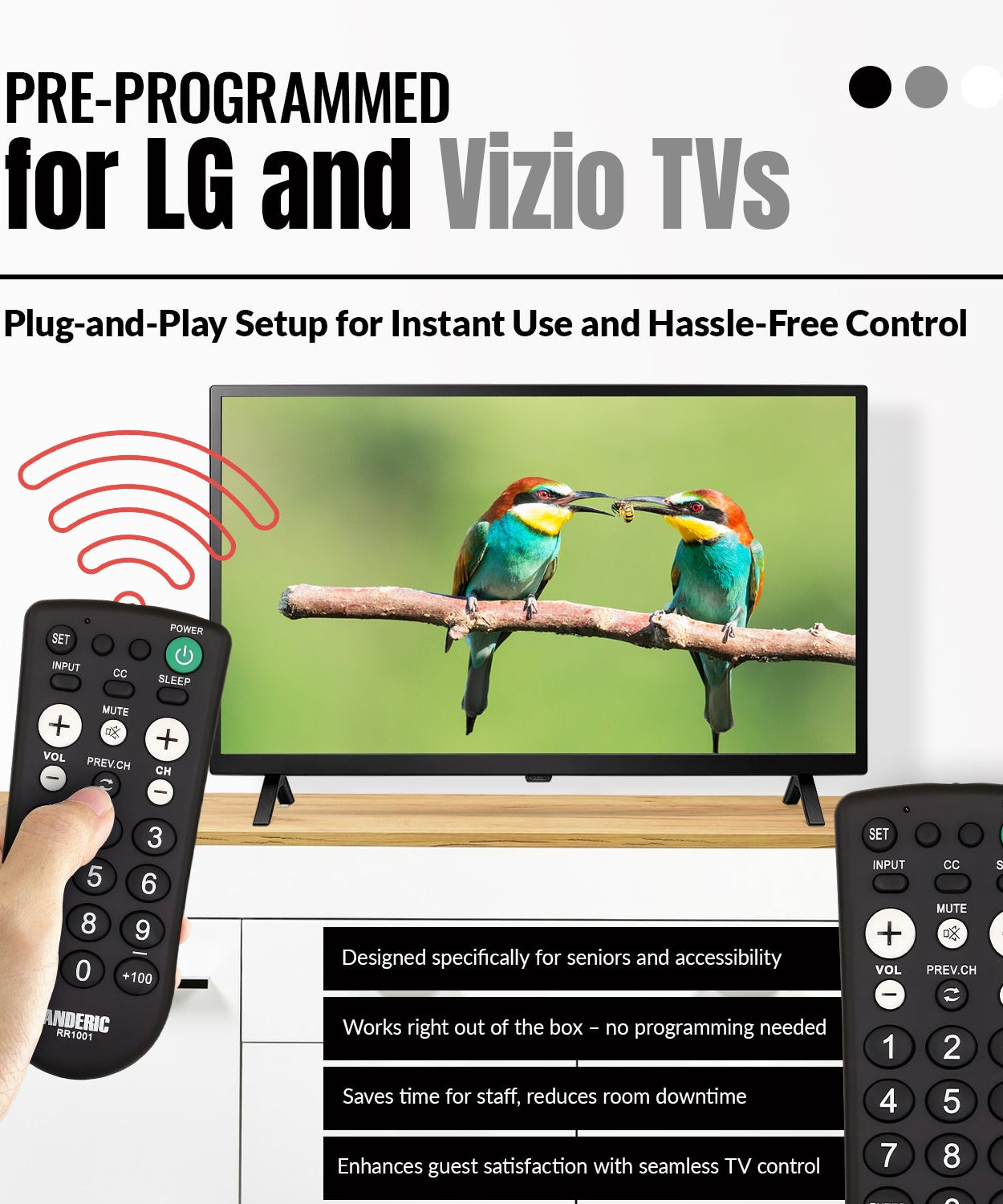 Anderic RR1001 1-Device Universal TV Remote Control with Large Keys for Hospitality