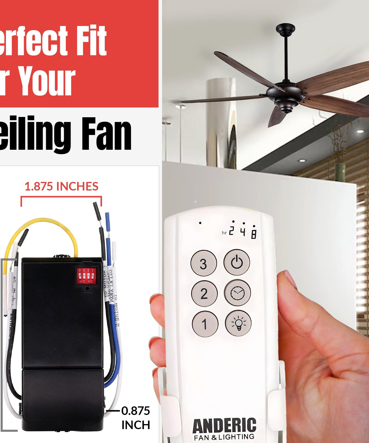 Anderic 63T-AC83T-KIT Universal Add-on Remote Control Kit for LED 3-Speed Ceiling Fans
