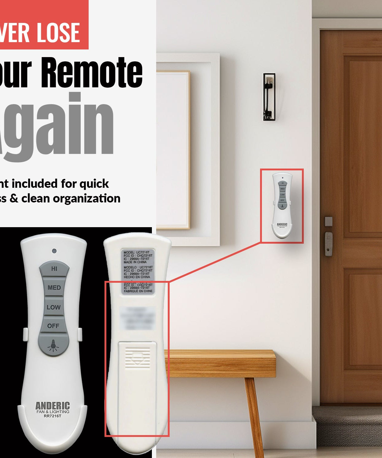 Anderic RR7216T Ceiling Fan Remote Control for UC7216T, CHQ7216T | RF | 4-DIP Pairing | 304 MHz