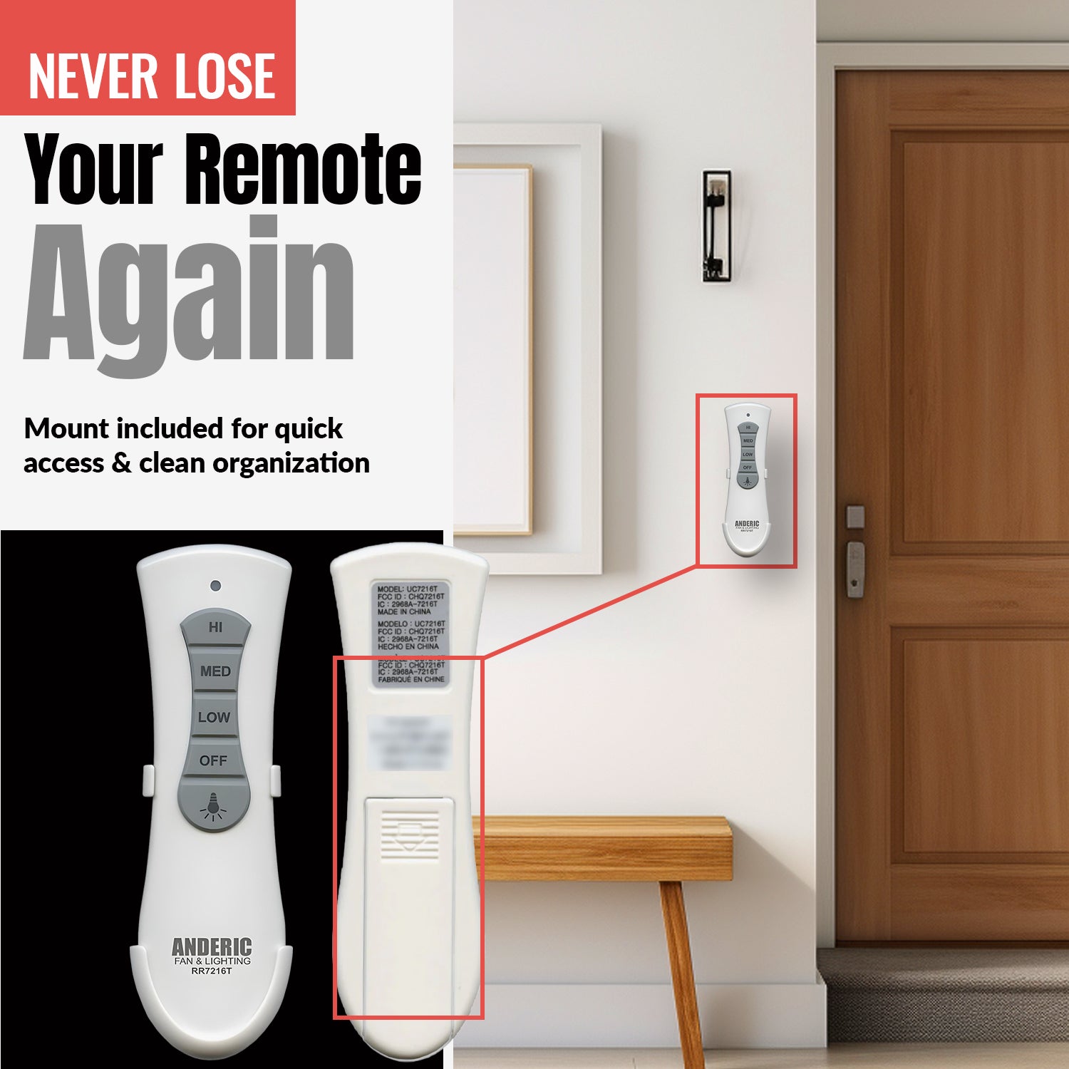 Anderic RR7216T Ceiling Fan Remote Control for UC7216T, CHQ7216T | RF | 4-DIP Pairing | 304 MHz