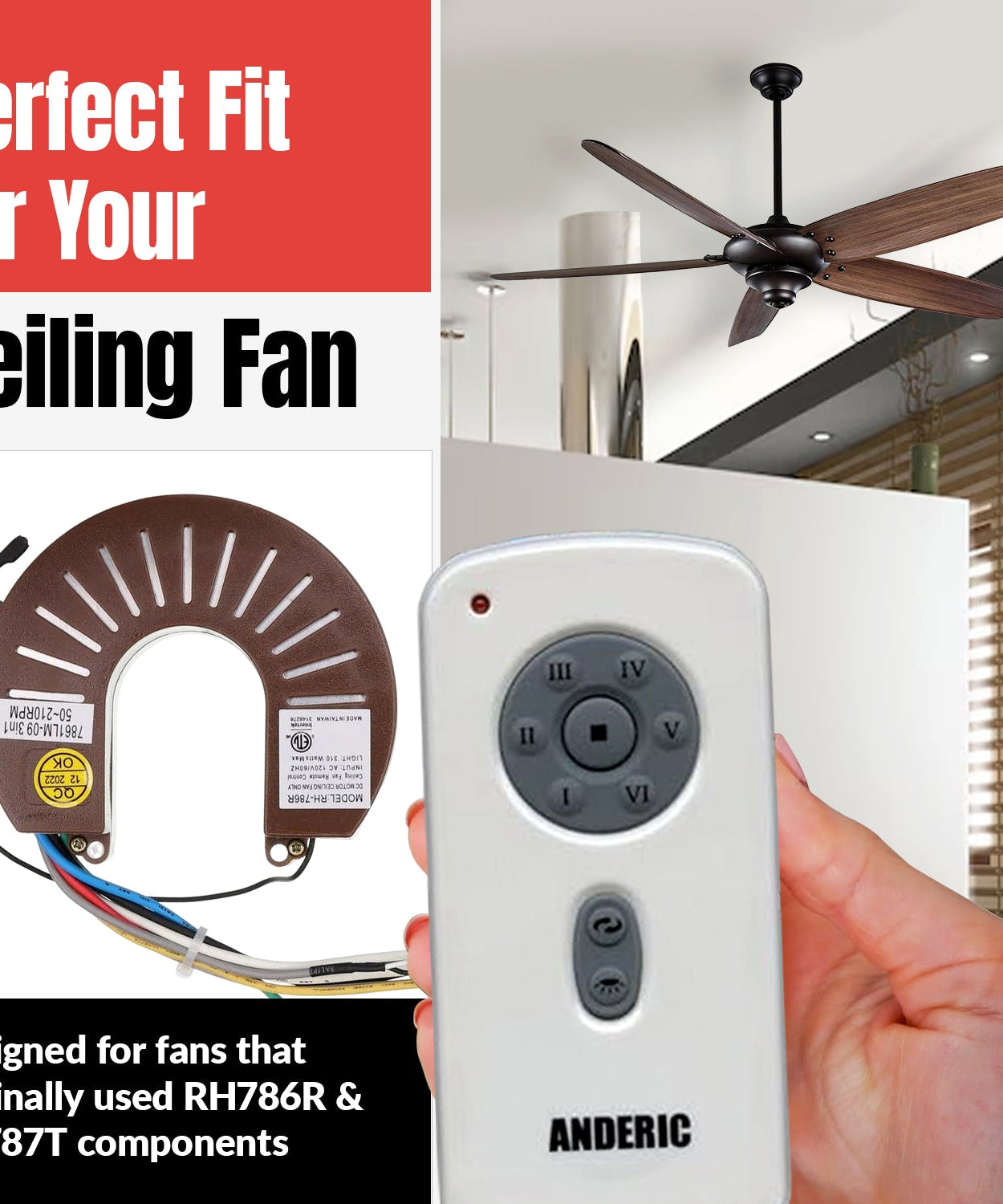Anderic RH786R/RR787T-KIT Replacement Ceiling Fan Remote Control Kit for Casablanca and Others