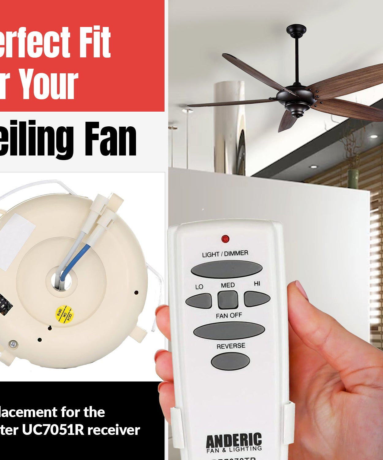 Anderic UC7051RKIT Replacement Ceiling Fan Kit for Hampton Bay and Others | RR7078TR/UC7051R