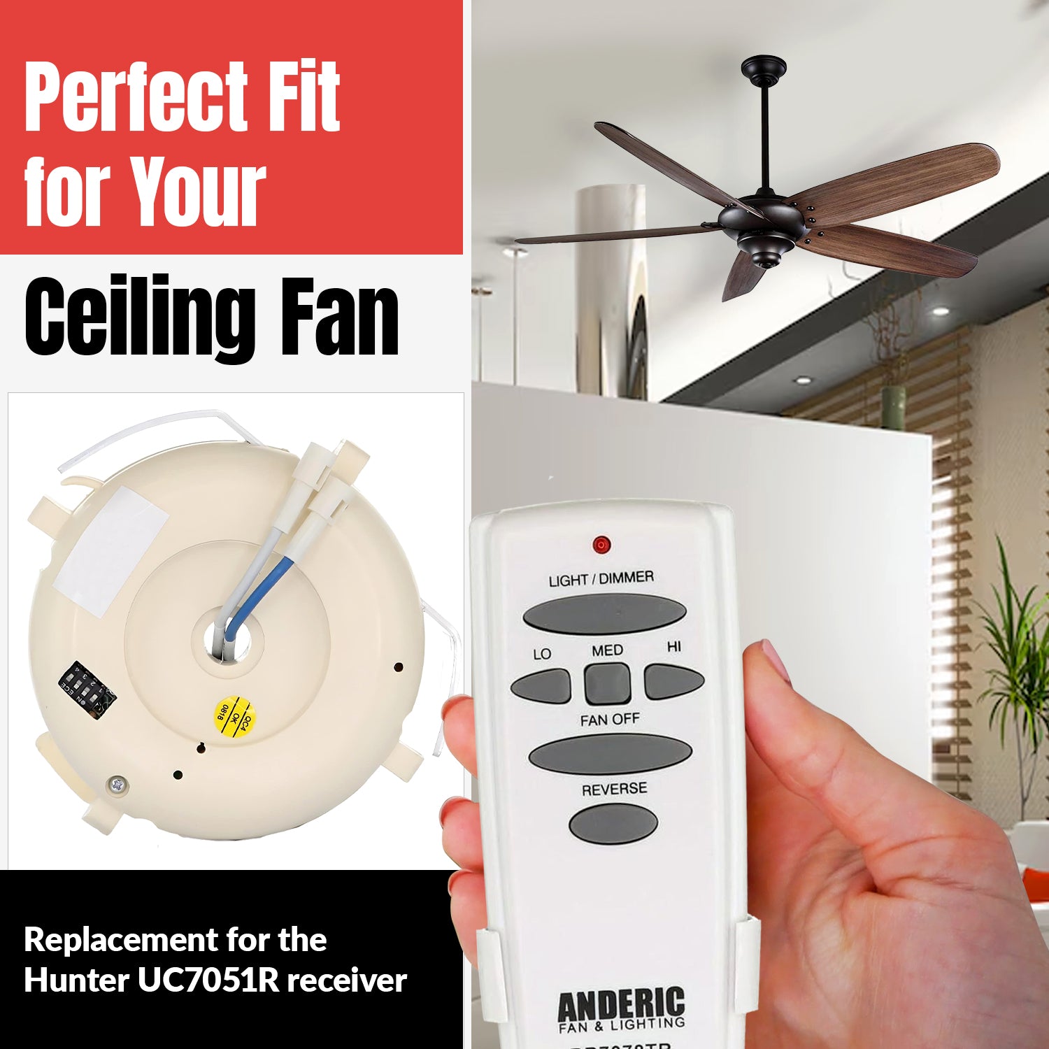 Anderic UC7051RKIT Replacement Ceiling Fan Kit for Hampton Bay and Others | RR7078TR/UC7051R