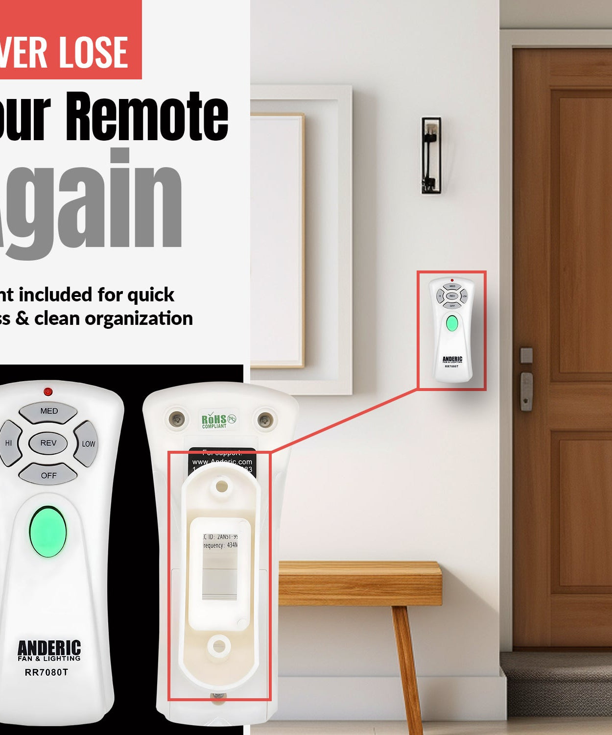 Anderic RR7080T (UC7080T) Ceiling Fan Remote Control for Hampton Bay | CHQ7080T | Up Light | Down Light | Reverse