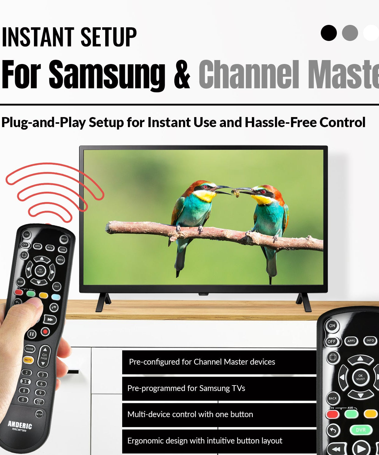Anderic RRCM7500 Replacement Remote Control for Channel Master CM7500XRC2 DVR+ Over the Air Cable box