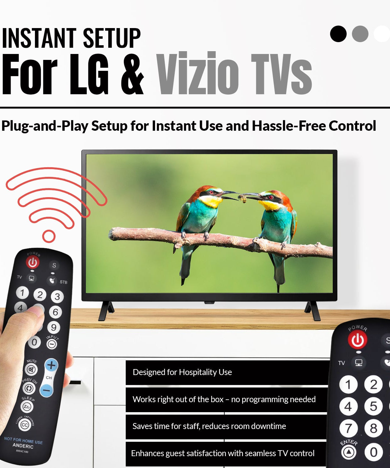 Anderic RRHC100 2-Device Universal Remote Control for Hospitality TV Cable Satellite STB with EzWipe Surface and Learning