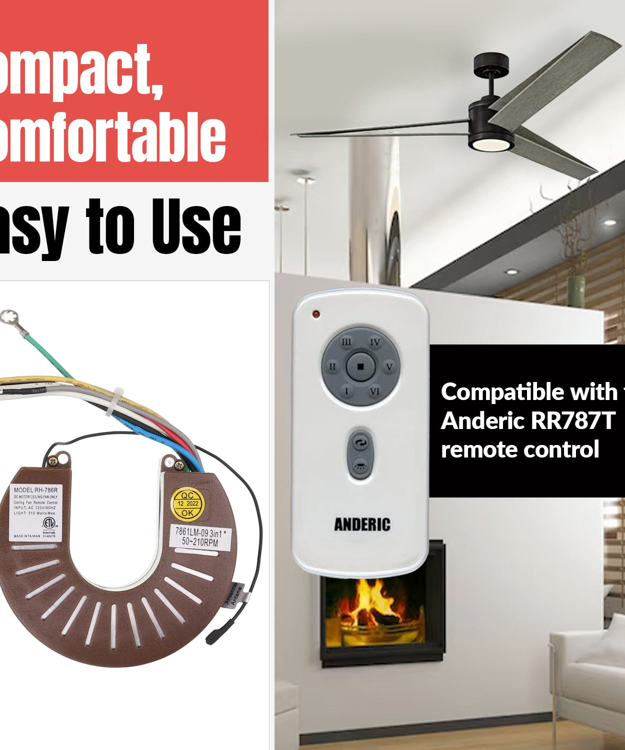 Anderic RH786R Replacement Ceiling Fan Receiver for Casablanca Stealth, Panama, Holliston | RH-786R, 7861LM-09