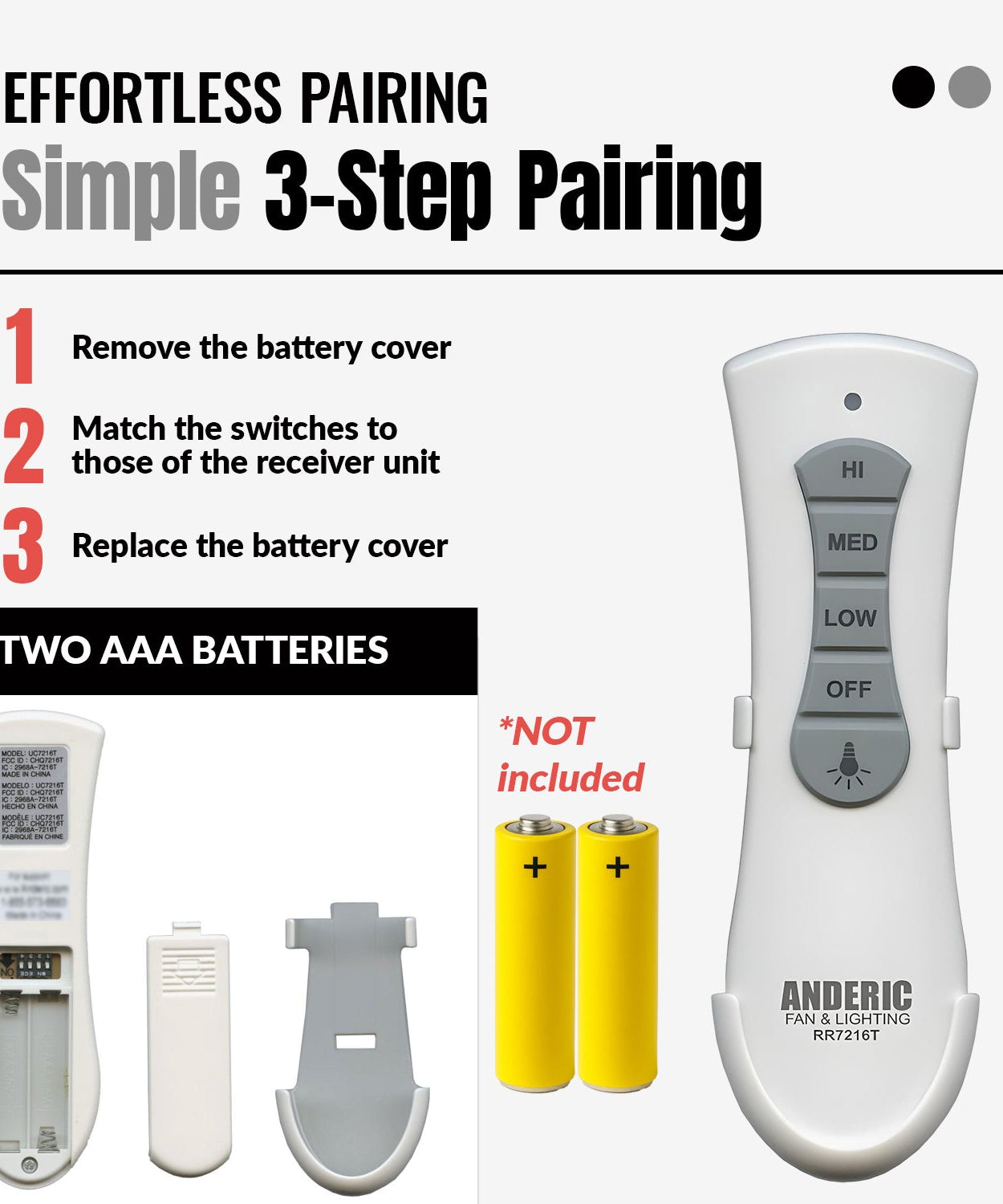 Anderic RR7216T Ceiling Fan Remote Control for UC7216T, CHQ7216T | RF | 4-DIP Pairing | 304 MHz