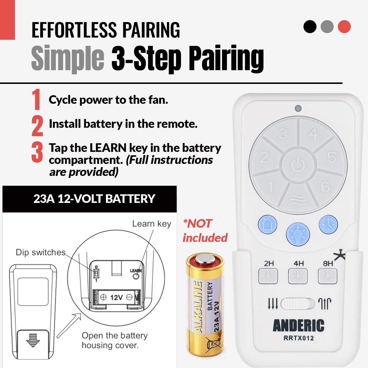 Anderic RRTX012/FD40-H02R Replacement Ceiling Fan Remote Control Kit