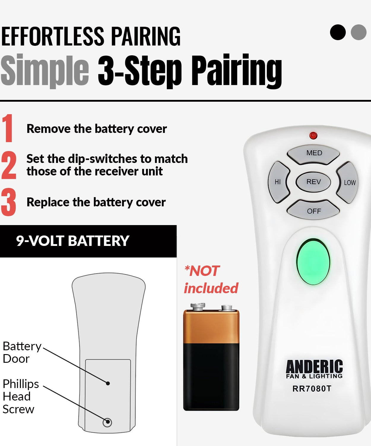 Anderic RR7080T (UC7080T) Ceiling Fan Remote Control for Hampton Bay | CHQ7080T | Up Light | Down Light | Reverse