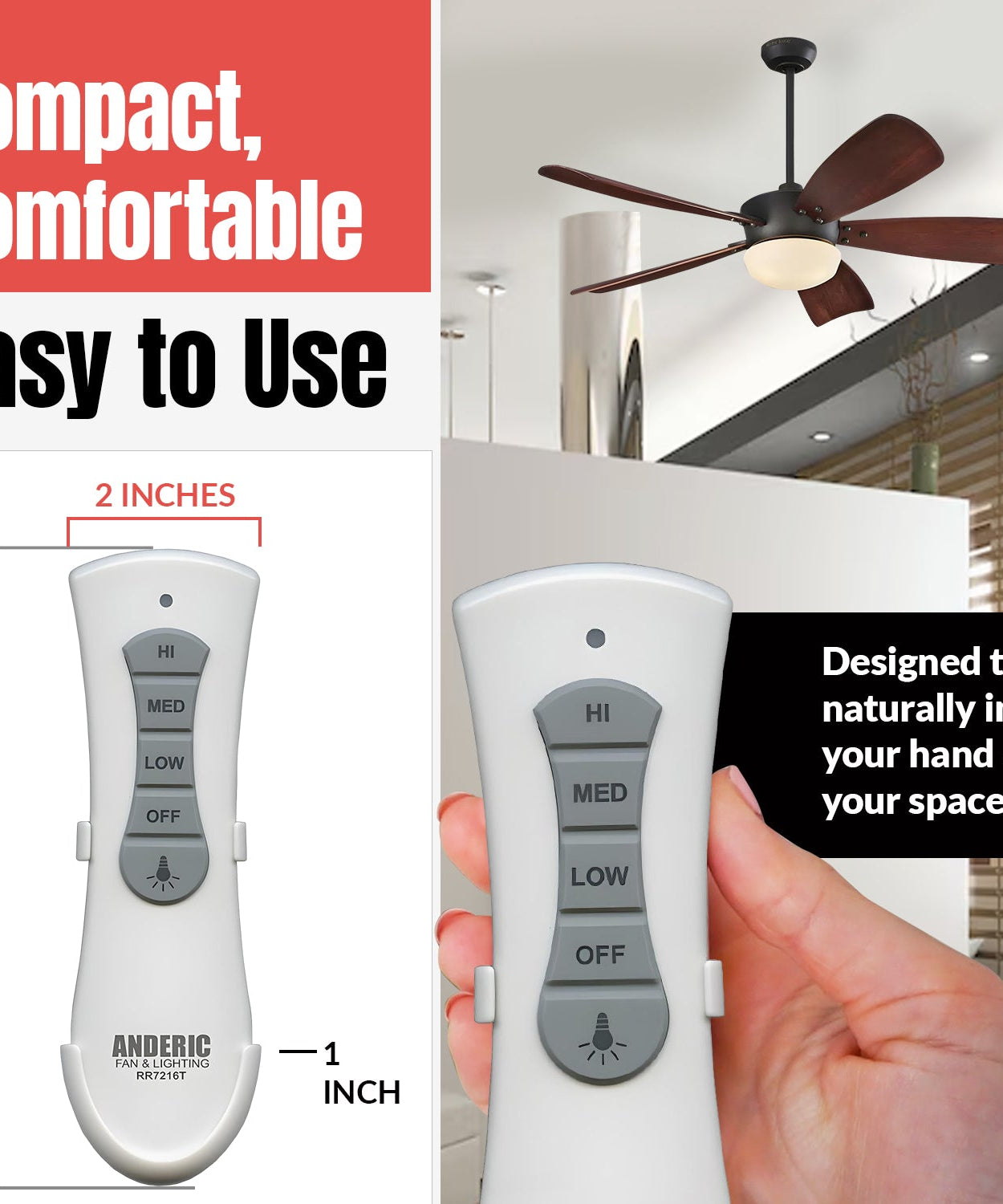 Anderic RR7216T Ceiling Fan Remote Control for UC7216T, CHQ7216T | RF | 4-DIP Pairing | 304 MHz
