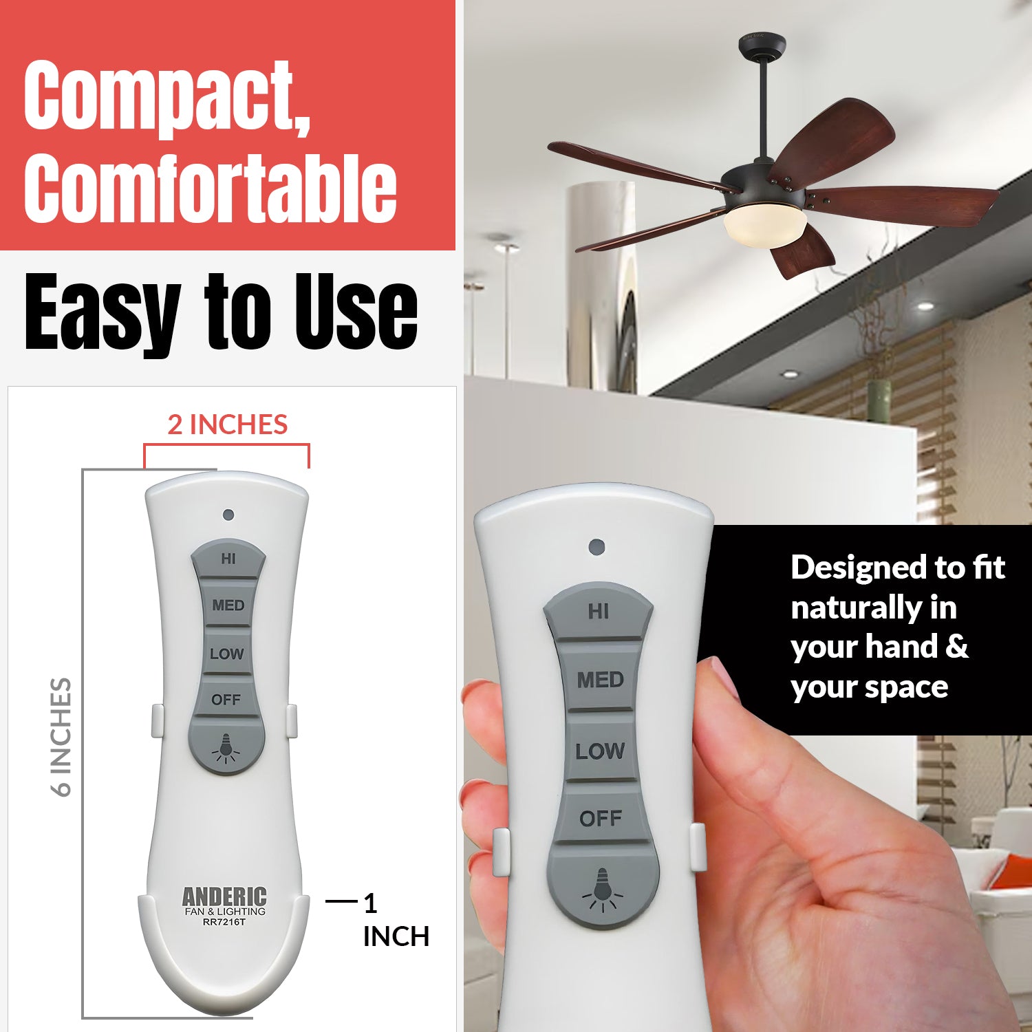 Anderic RR7216T Ceiling Fan Remote Control for UC7216T, CHQ7216T | RF | 4-DIP Pairing | 304 MHz