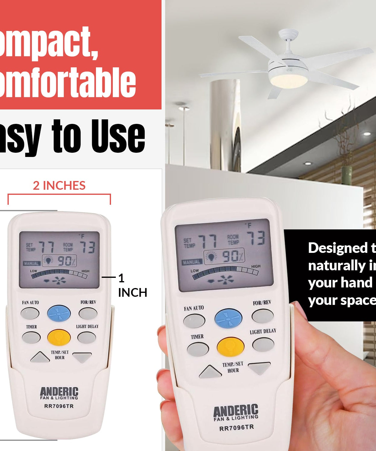 Anderic RR7096TR Thermostatic Ceiling Fan Remote Control with Reverse Key | CHQ7096T, CHQ8BT7096T