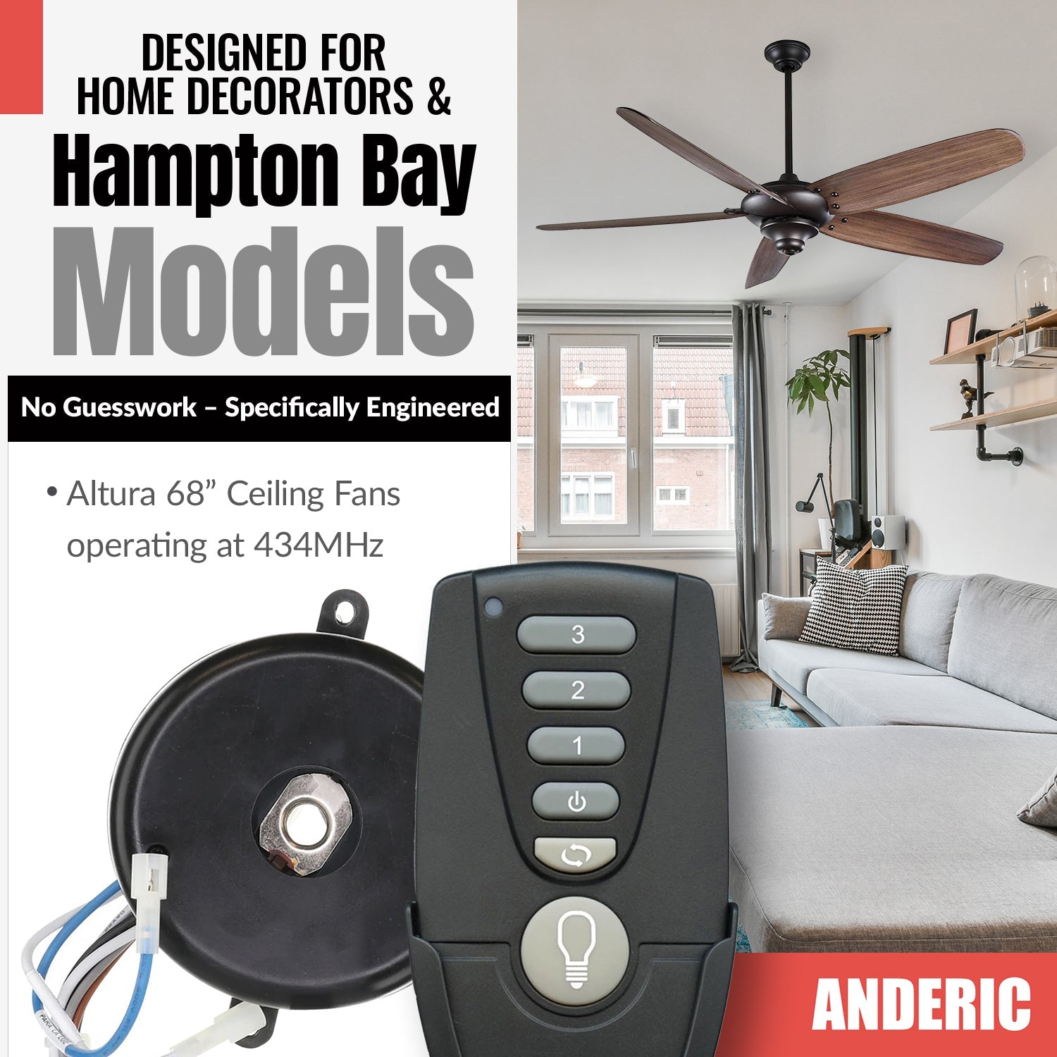 Anderic MR77A-MOLEX-KIT Replacement Ceiling Fan Remote Control Kit - MR77A, RR7222T434, MOLEX-AMP-ADAPTER