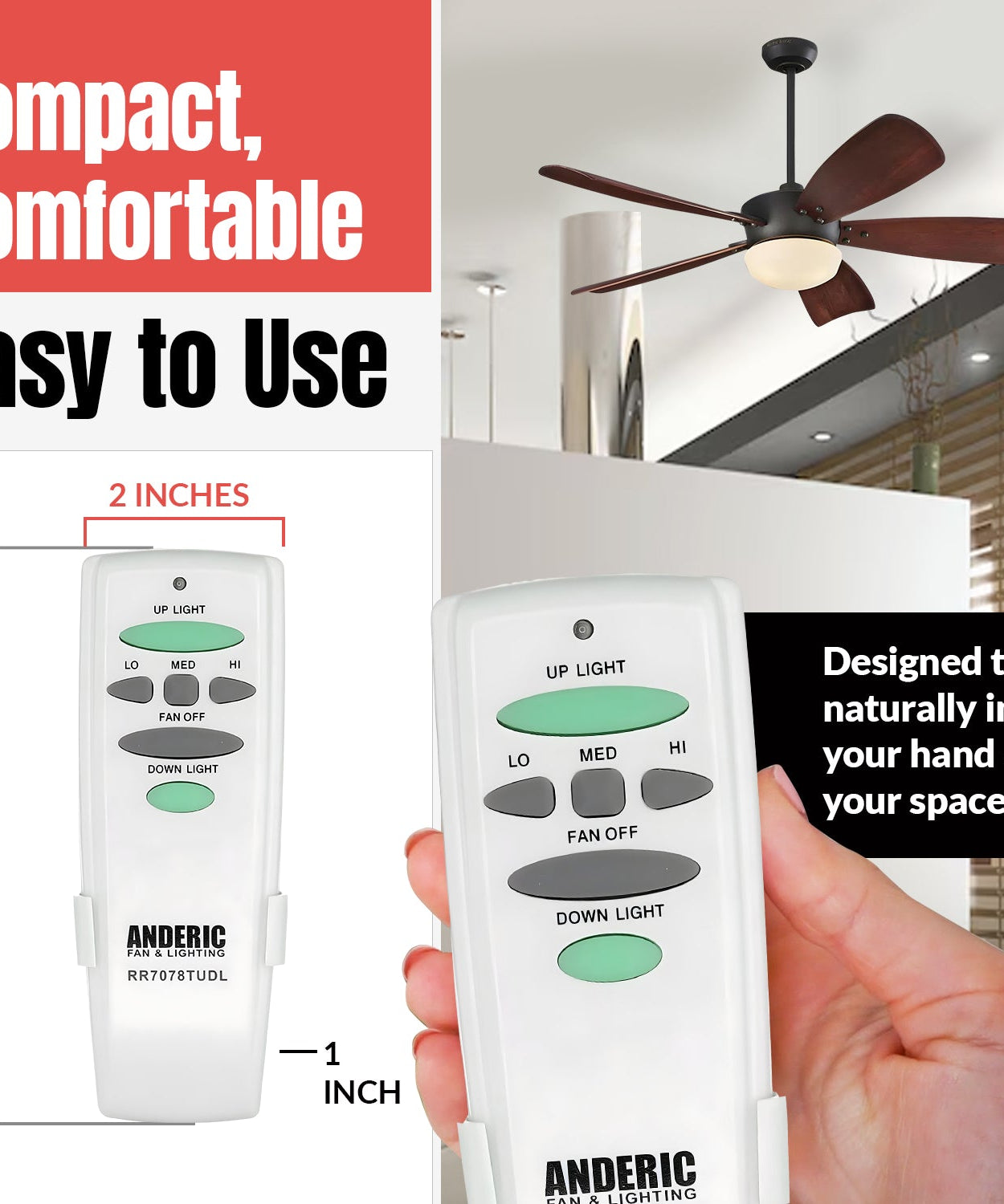 Anderic RR7078TUDL / HD6-UD (UC7078T) Ceiling Fan Remote Control for Hampton Bay | CHQ7078T | Up Light | Down Light