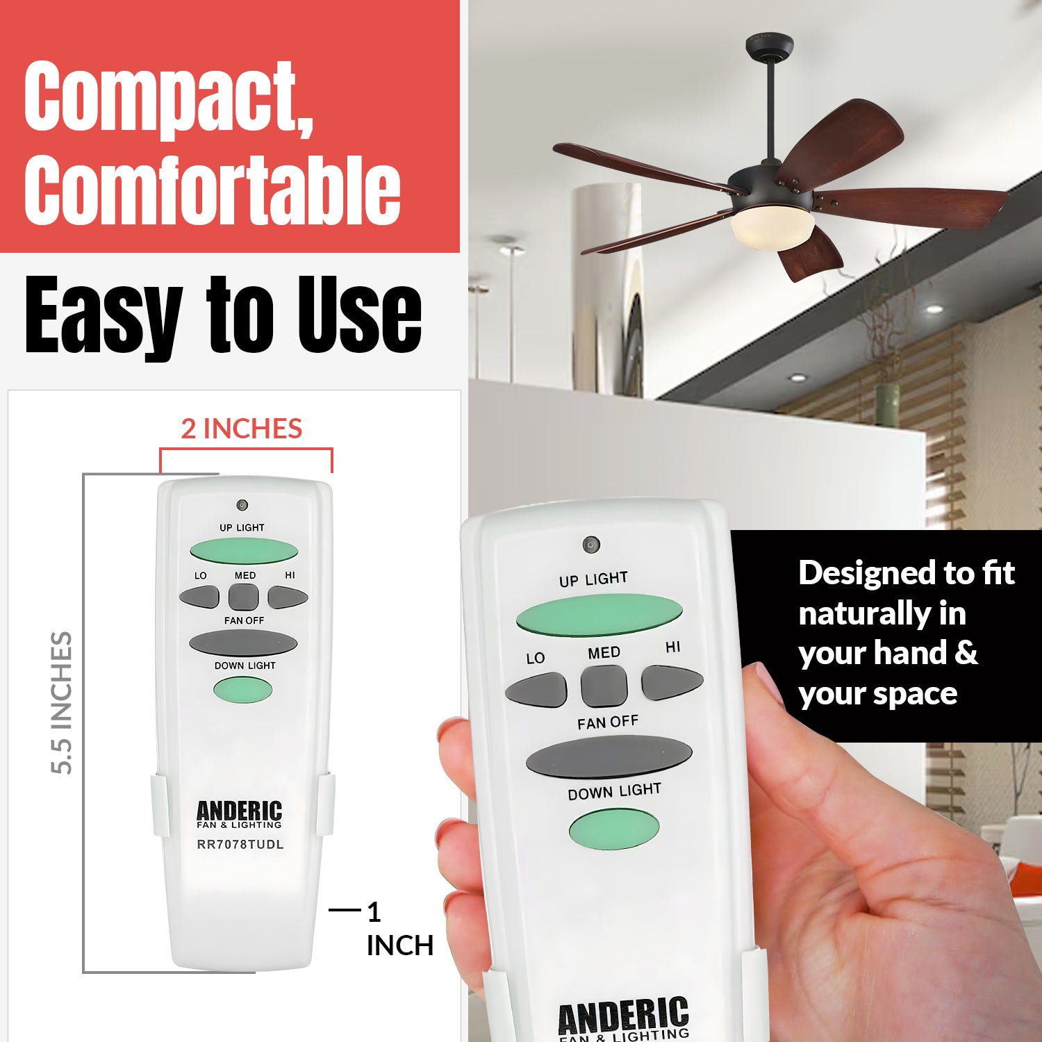 Anderic RR7078TUDL / HD6-UD (UC7078T) Ceiling Fan Remote Control for Hampton Bay | CHQ7078T | Up Light | Down Light