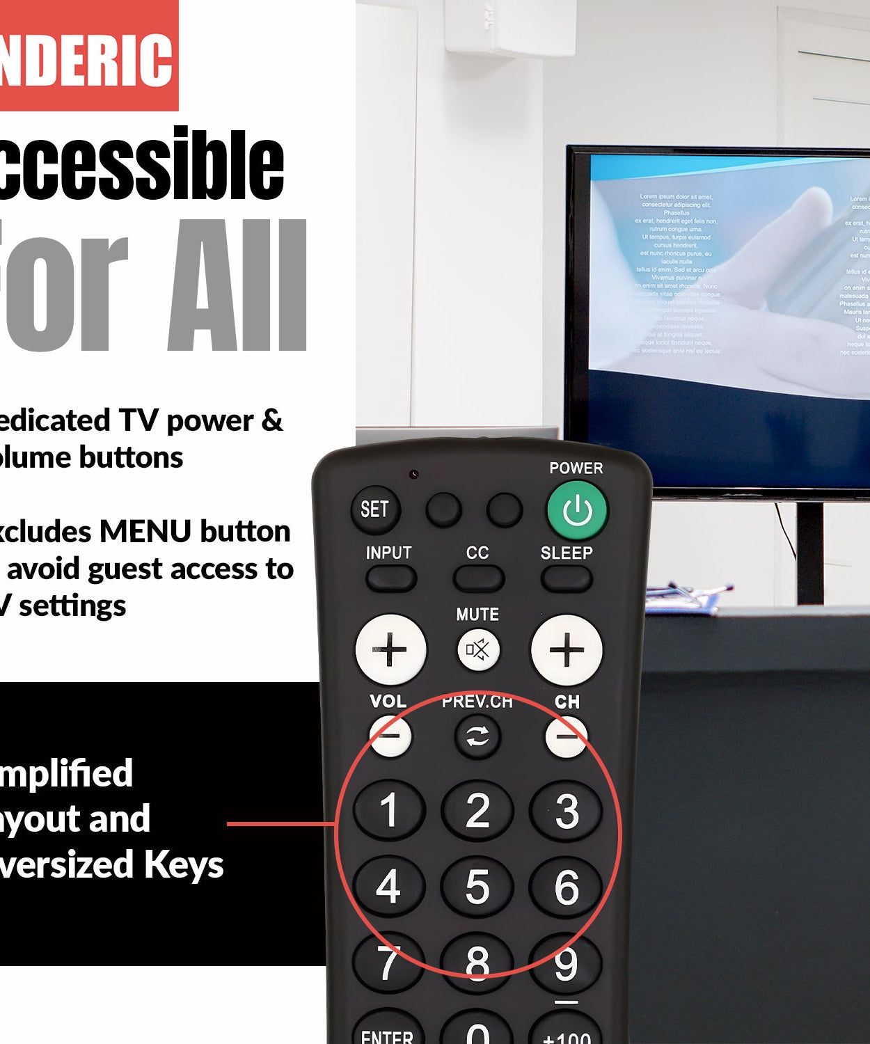 Anderic RR1001 1-Device Universal TV Remote Control with Large Keys for Hospitality