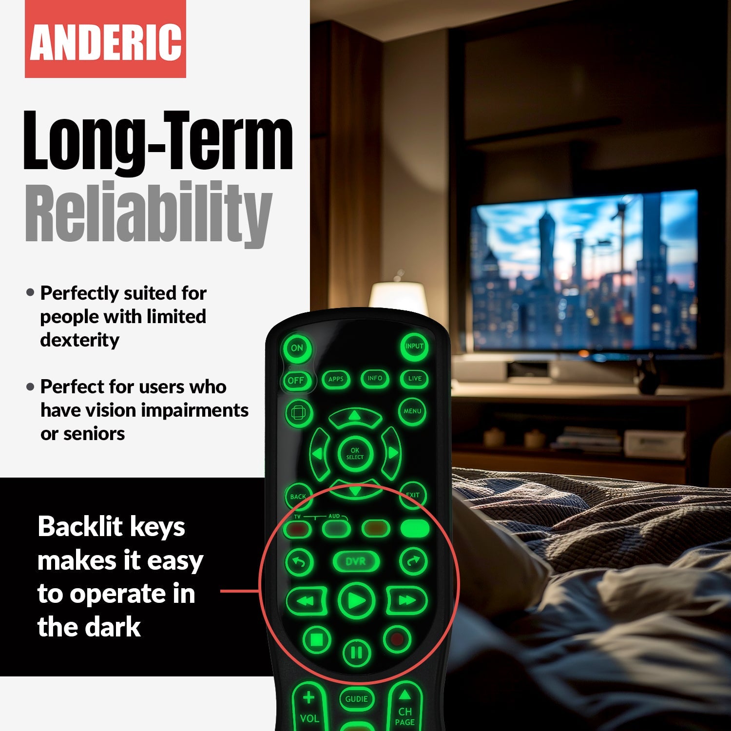 Anderic RRCM7500 Replacement Remote Control for Channel Master CM7500XRC2 DVR+ Over the Air Cable box