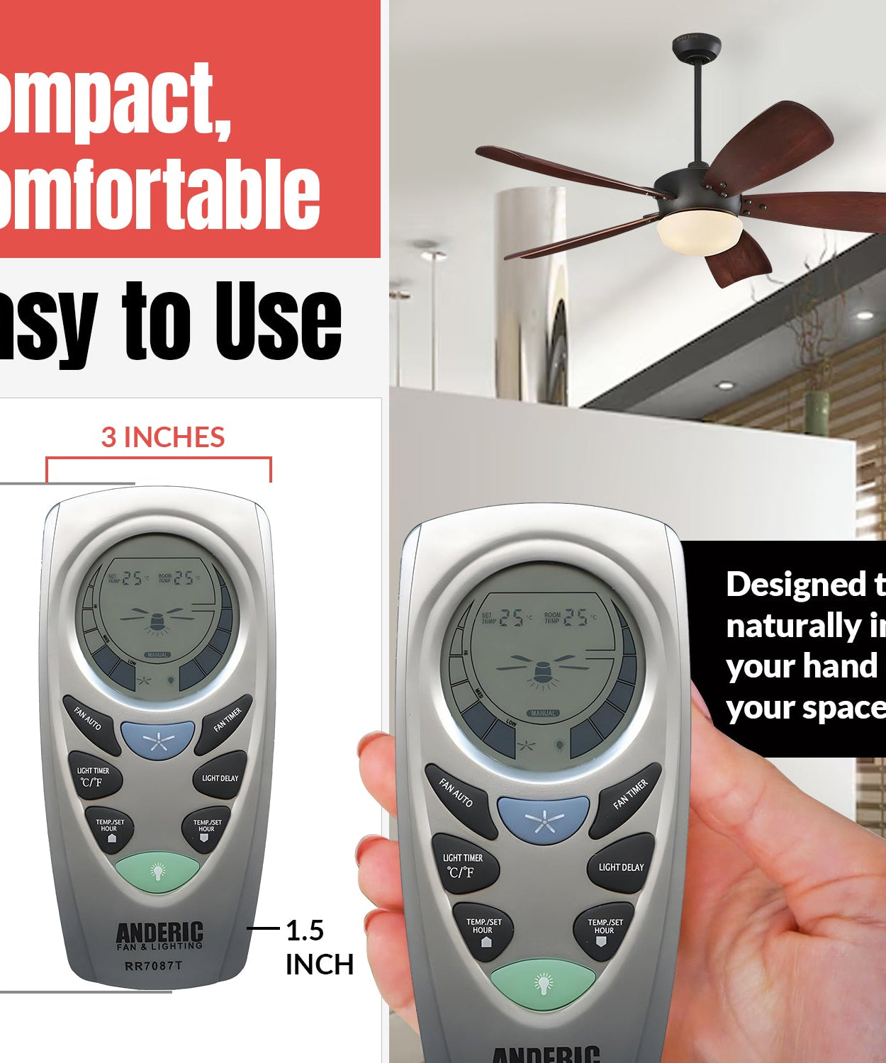 Anderic RR7087T Replacement Thermostatic Ceiling Fan Remote Control with Fan Timer Key | CHQ7087T