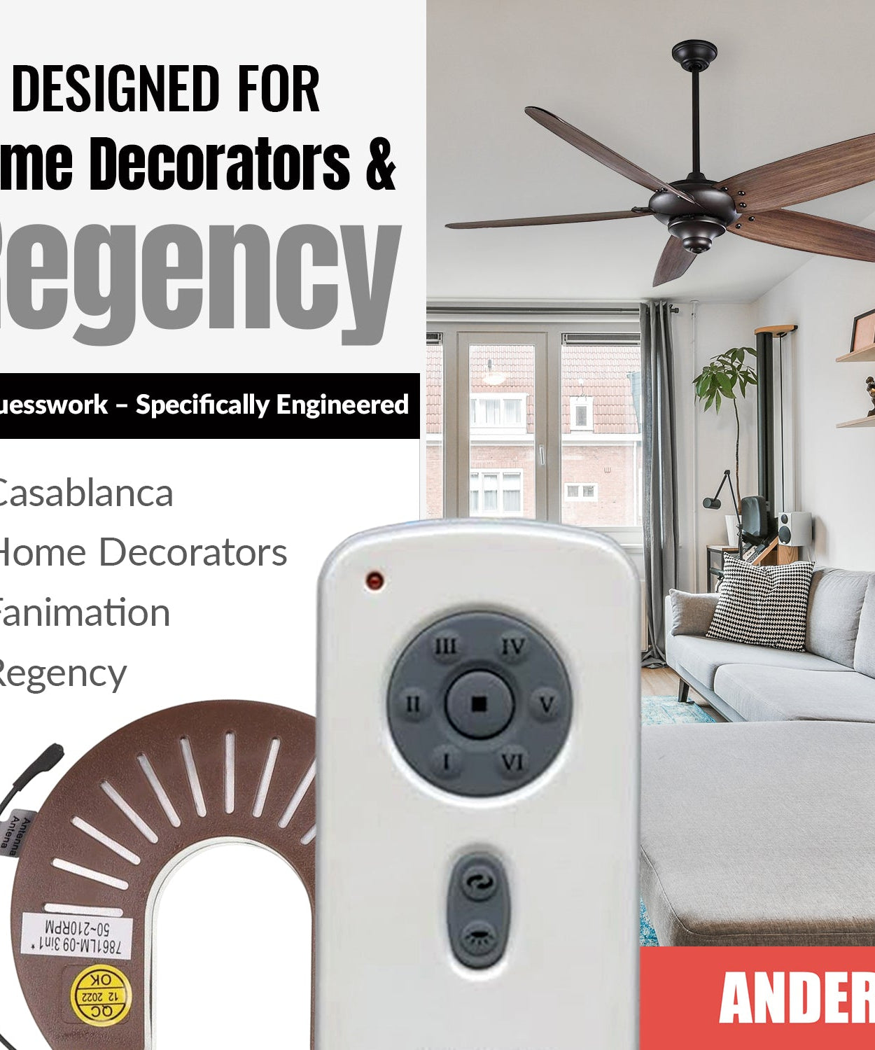 Anderic RH786R/RR787T-KIT Replacement Ceiling Fan Remote Control Kit for Casablanca and Others