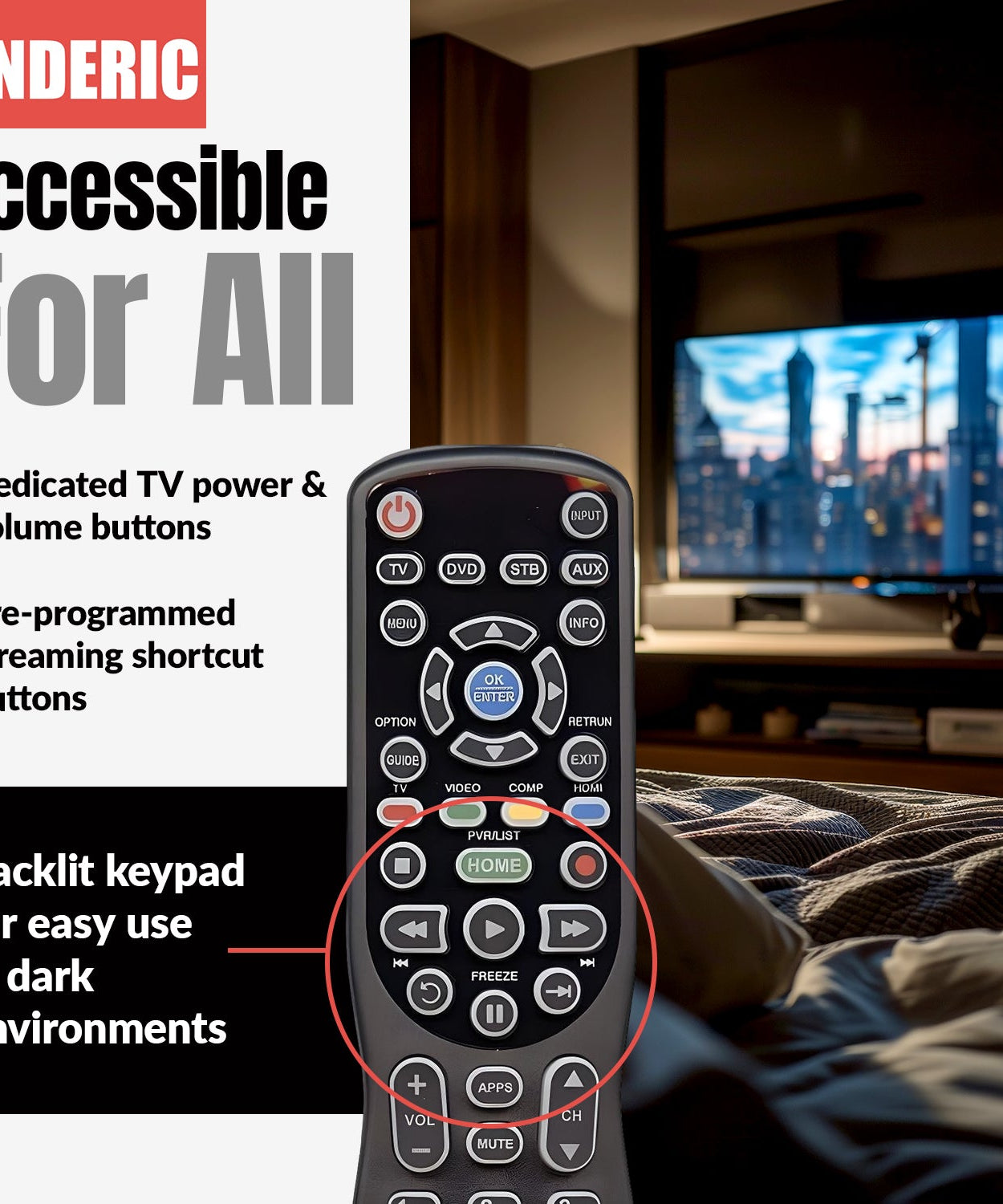 Substitute for Anderic RR0777S Universal 4-Device Remote Control for Pre-programmed for Panasonic TVs [RRU401]