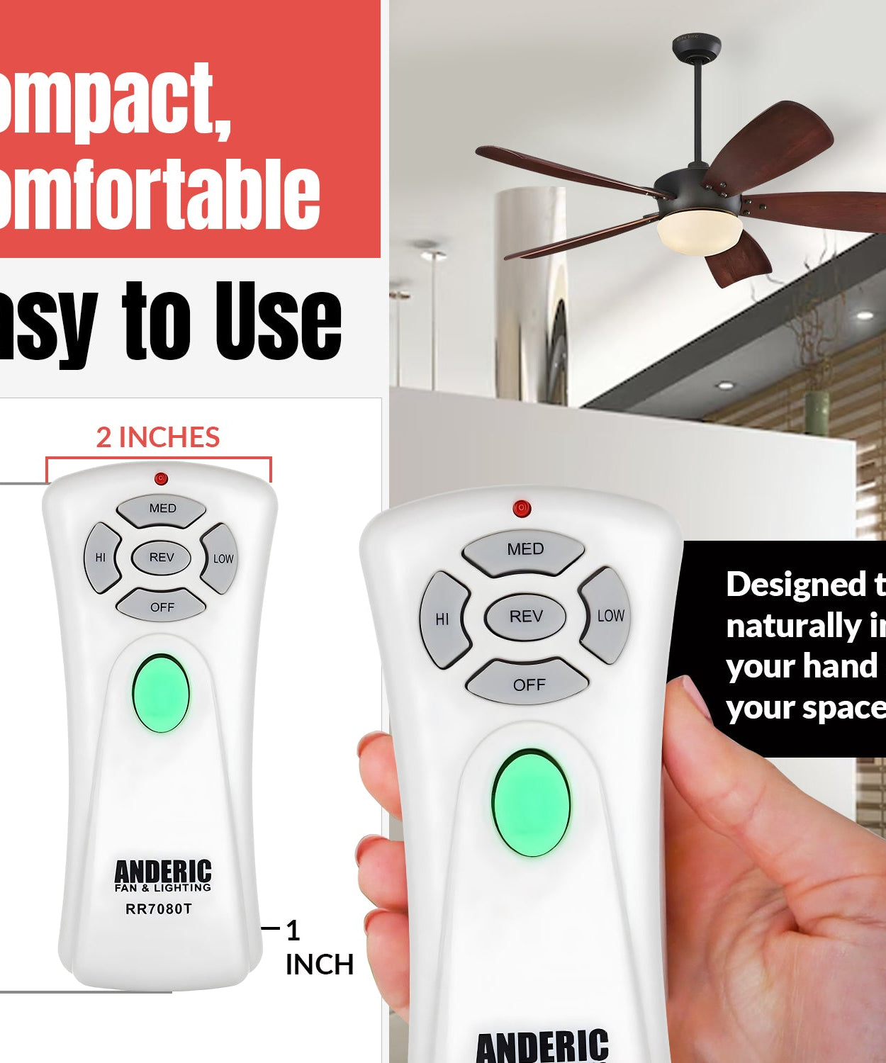 Anderic RR7080T (UC7080T) Ceiling Fan Remote Control for Hampton Bay | CHQ7080T | Up Light | Down Light | Reverse