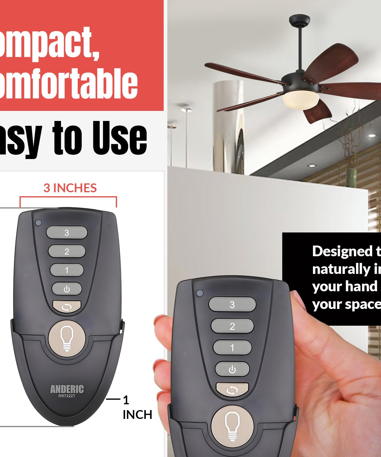 Anderic RR7222T Replacement Ceiling Fan Remote Control for Home Decorators Collection and Others | UC7222T, CHQ7222T