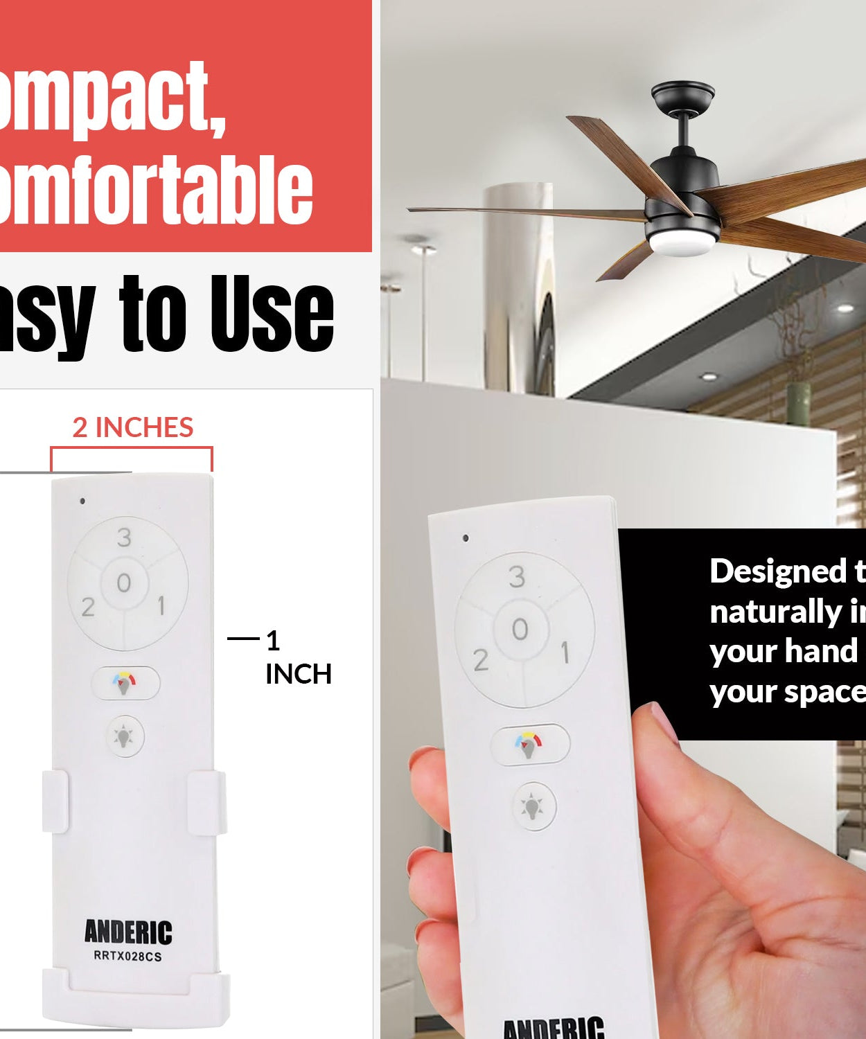 Anderic RRTX028CS Replacement Ceiling Fan Remote Control for Hampton Bay and Home Decorators Collection - TX028C-S