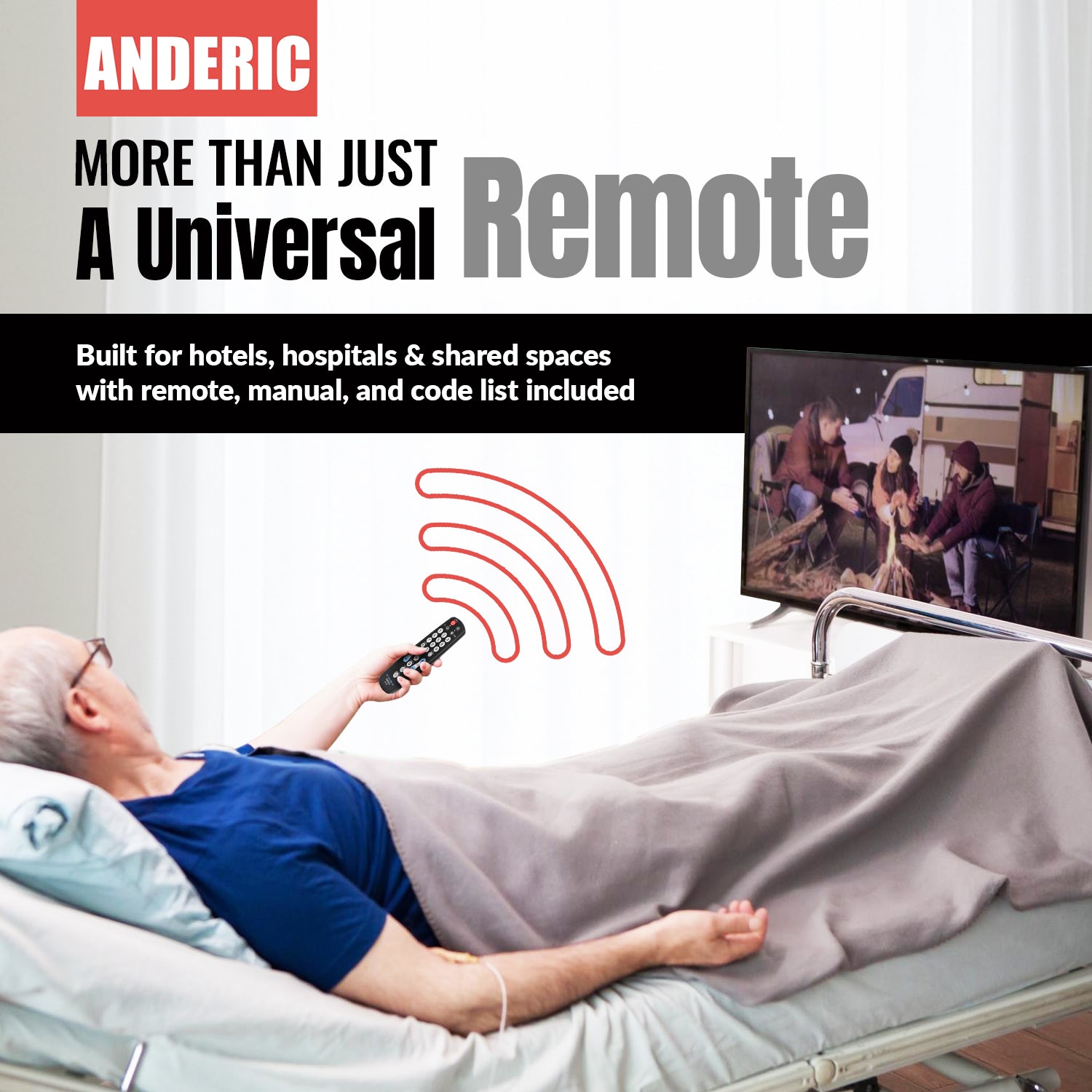 Anderic RRHC100 2-Device Universal Remote Control for Hospitality TV Cable Satellite STB with EzWipe Surface and Learning