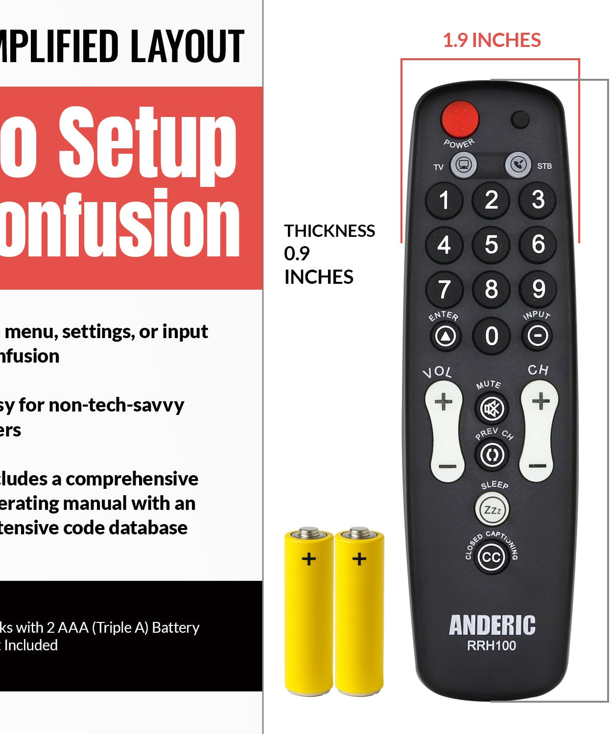 Anderic RRH100 2-Device Universal Remote Control for Hospitality TVs and Cable/Satellite/STB Boxes with Learning