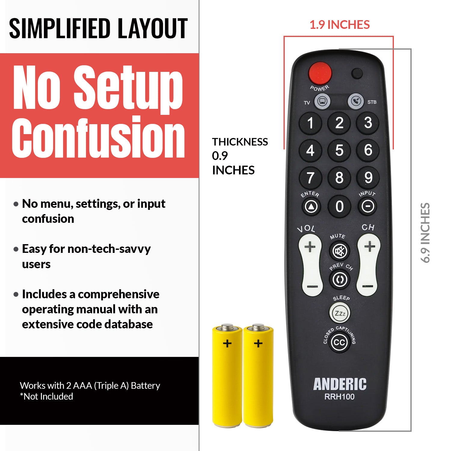 Anderic RRH100 2-Device Universal Remote Control for Hospitality TVs and Cable/Satellite/STB Boxes with Learning
