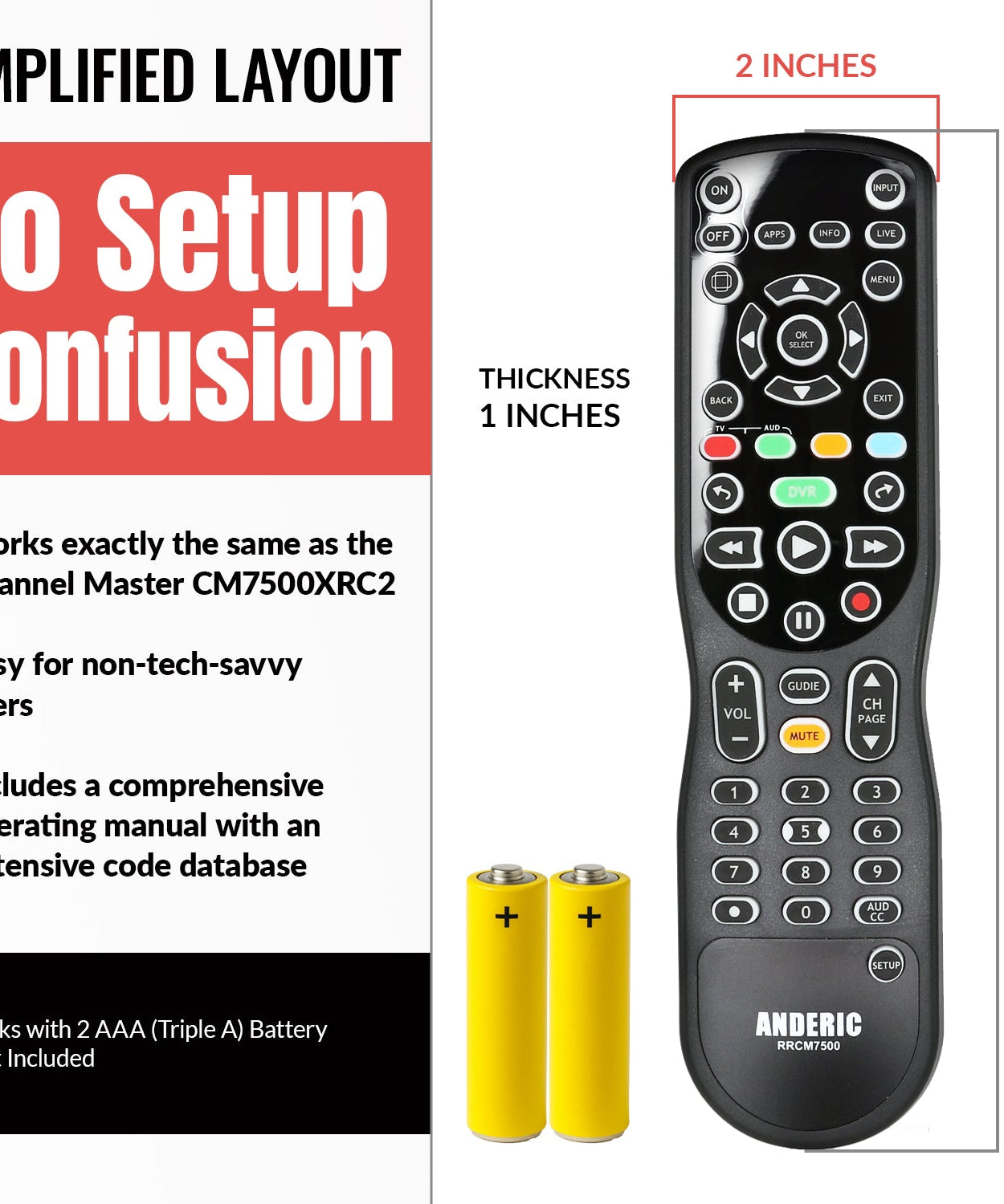 Anderic RRCM7500 Replacement Remote Control for Channel Master CM7500XRC2 DVR+ Over the Air Cable box