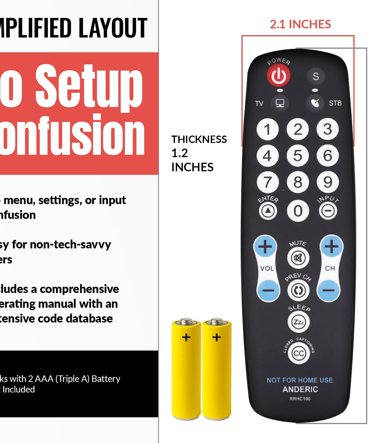 Anderic RRHC100 2-Device Universal Remote Control for Hospitality TV Cable Satellite STB with EzWipe Surface and Learning