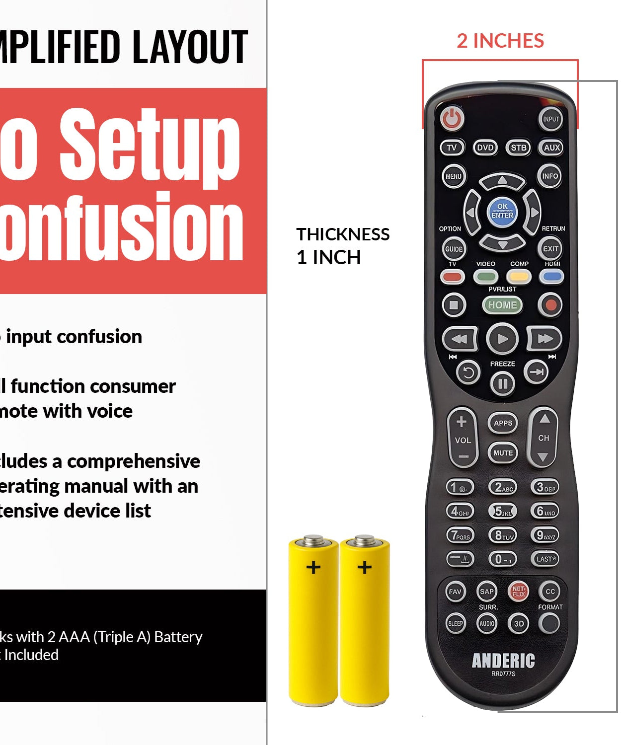 Substitute for Anderic RR0777S Universal 4-Device Remote Control for Pre-programmed for Panasonic TVs [RRU401]