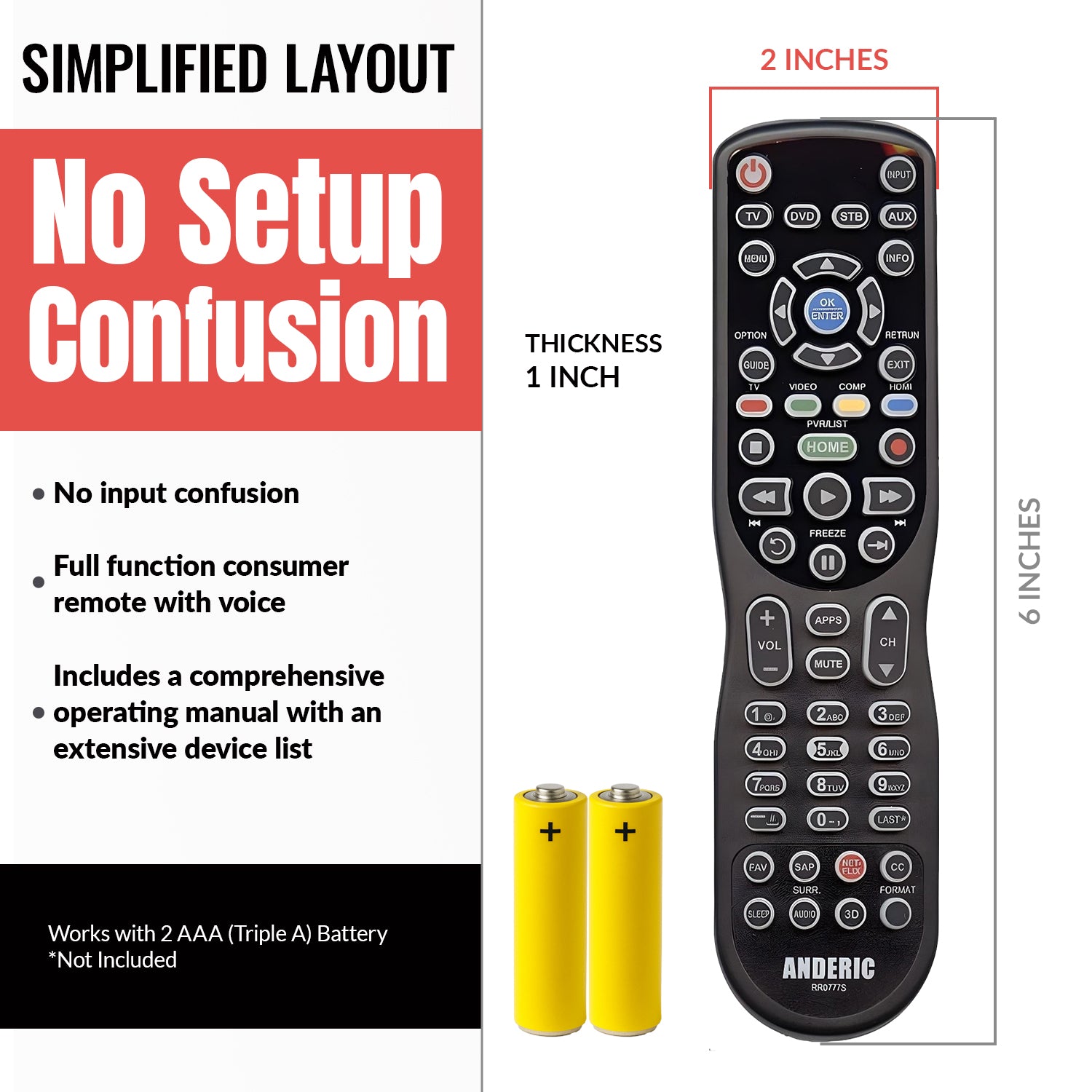 Substitute for Anderic RR0777S Universal 4-Device Remote Control for Pre-programmed for Panasonic TVs [RRU401]