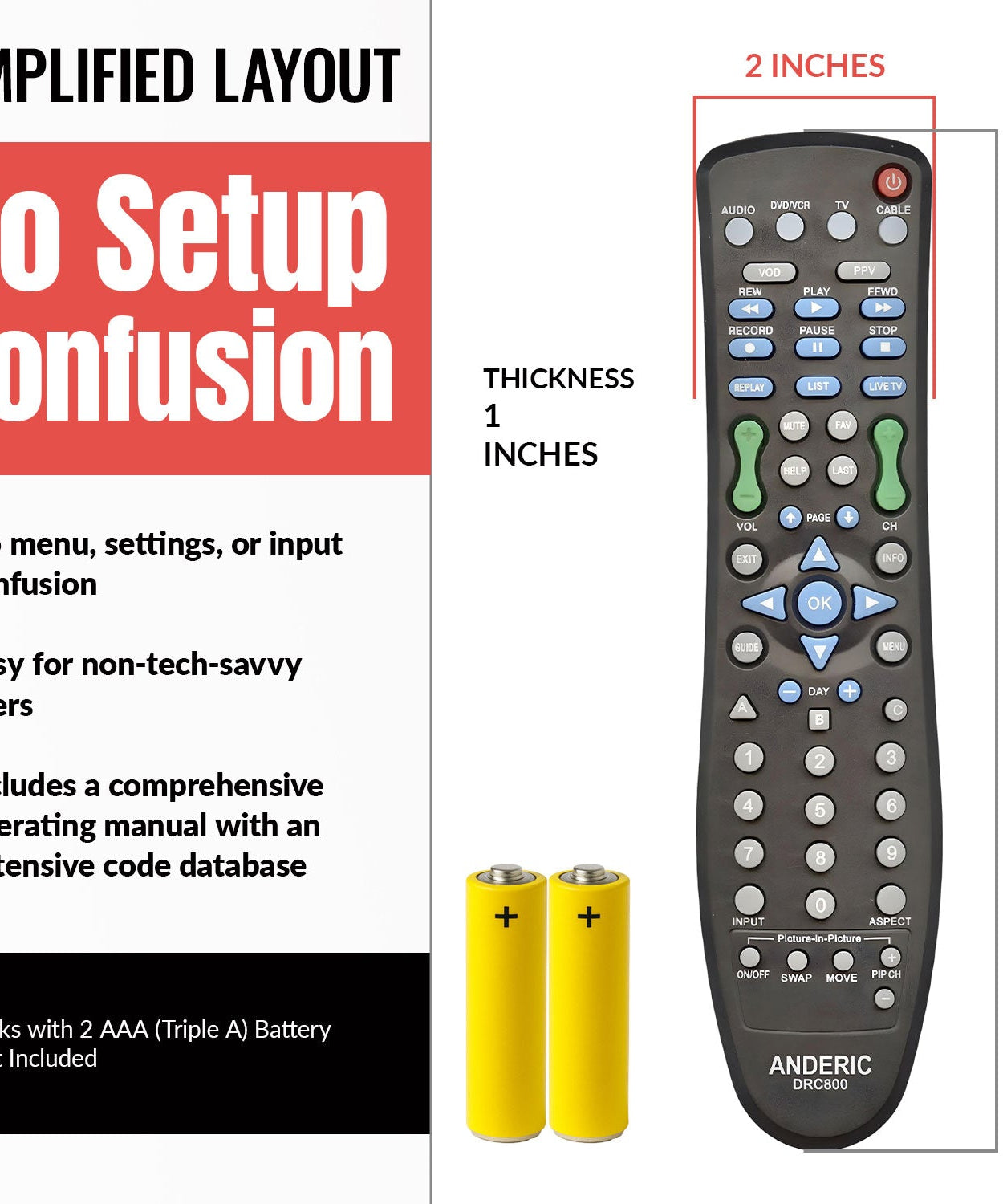 Anderic DRC800 DVR and Cable Box Remote Control for Motorola, Scientific Atlanta, and others