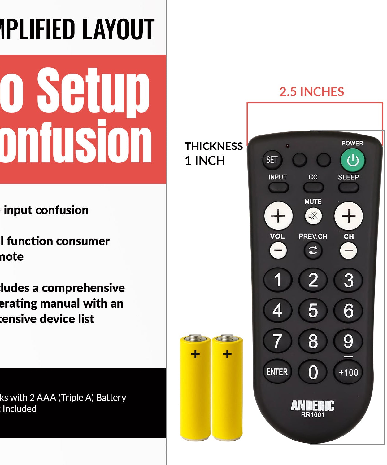 Anderic RR1001 1-Device Universal TV Remote Control with Large Keys for Hospitality