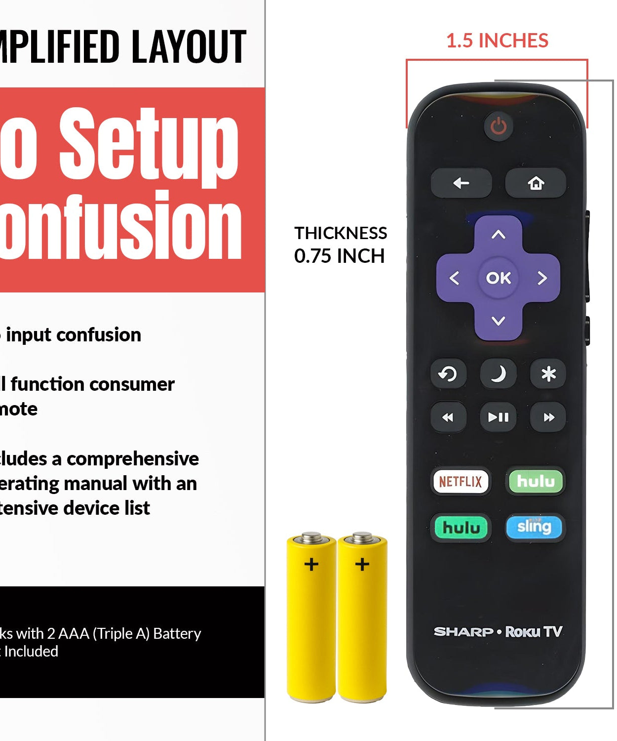 Sharp LC-RCRUDUS-20 Roku TV Remote Control | 2019, 2018 - LCRCRUDUS20