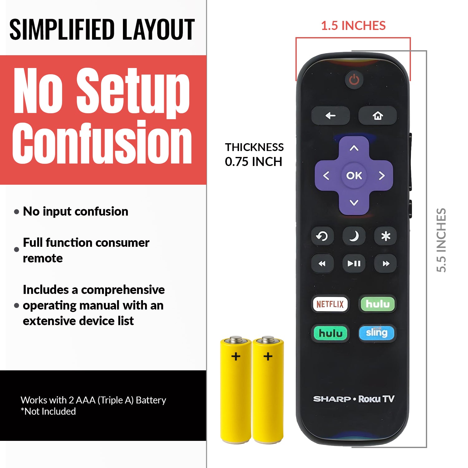 Sharp LC-RCRUDUS-20 Roku TV Remote Control | 2019, 2018 - LCRCRUDUS20