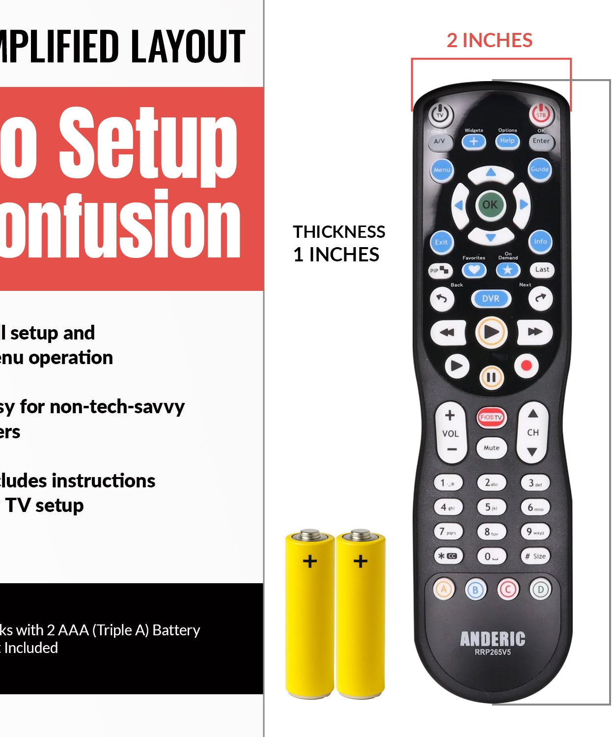 Anderic RRP265V5 Replacement 2-Device Universal Remote Control for Verizon FiOS Cable - P265v5