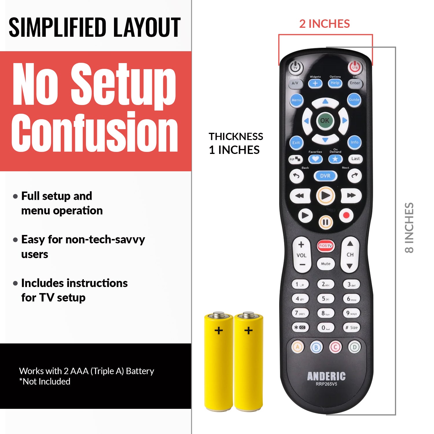 Anderic RRP265V5 Replacement 2-Device Universal Remote Control for Verizon FiOS Cable - P265v5