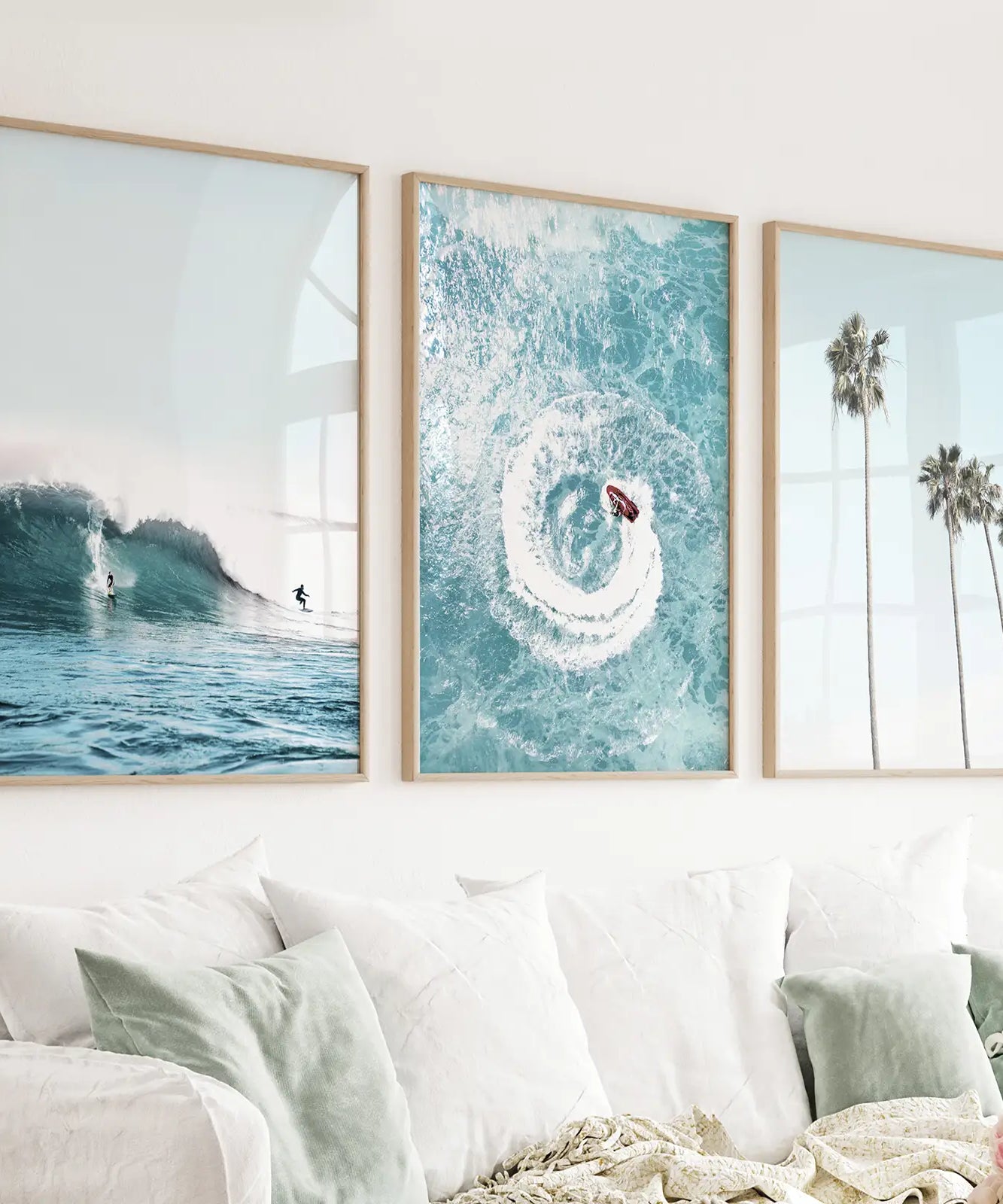 Blue Ocean Themed 3 Piece Wall Art. Palm Trees, Waves
