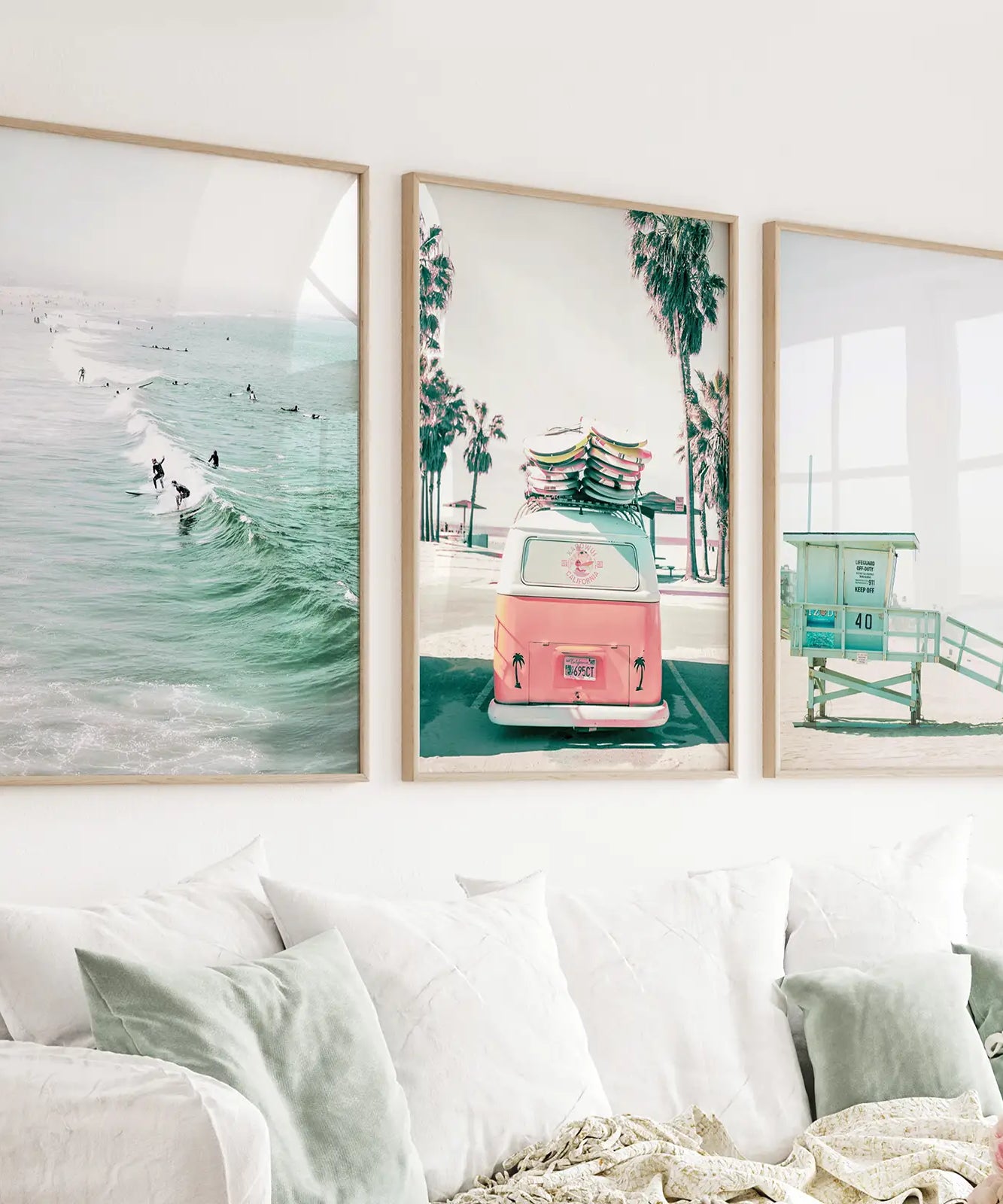 California Travel Wall Art Set. Pink Bus, Lifeguard, Surfers
