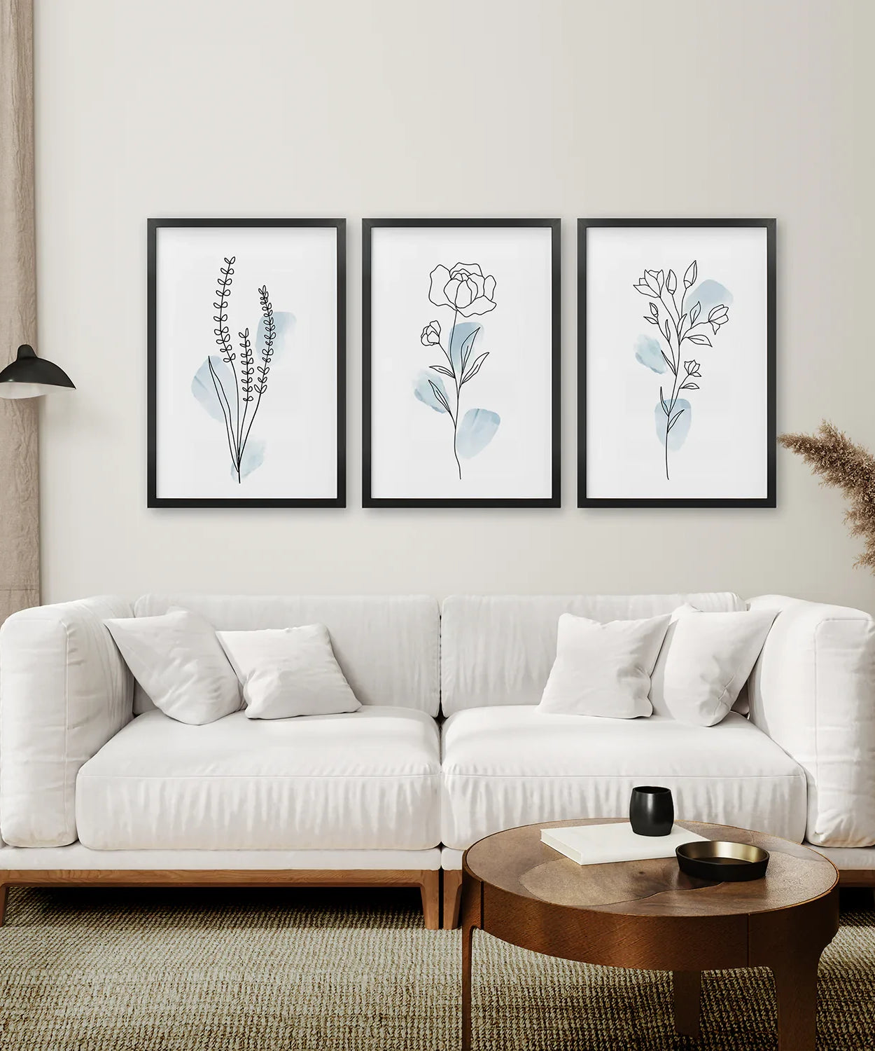 Botanische Linienkunst 3er-Set. Pastellblaue Blumen