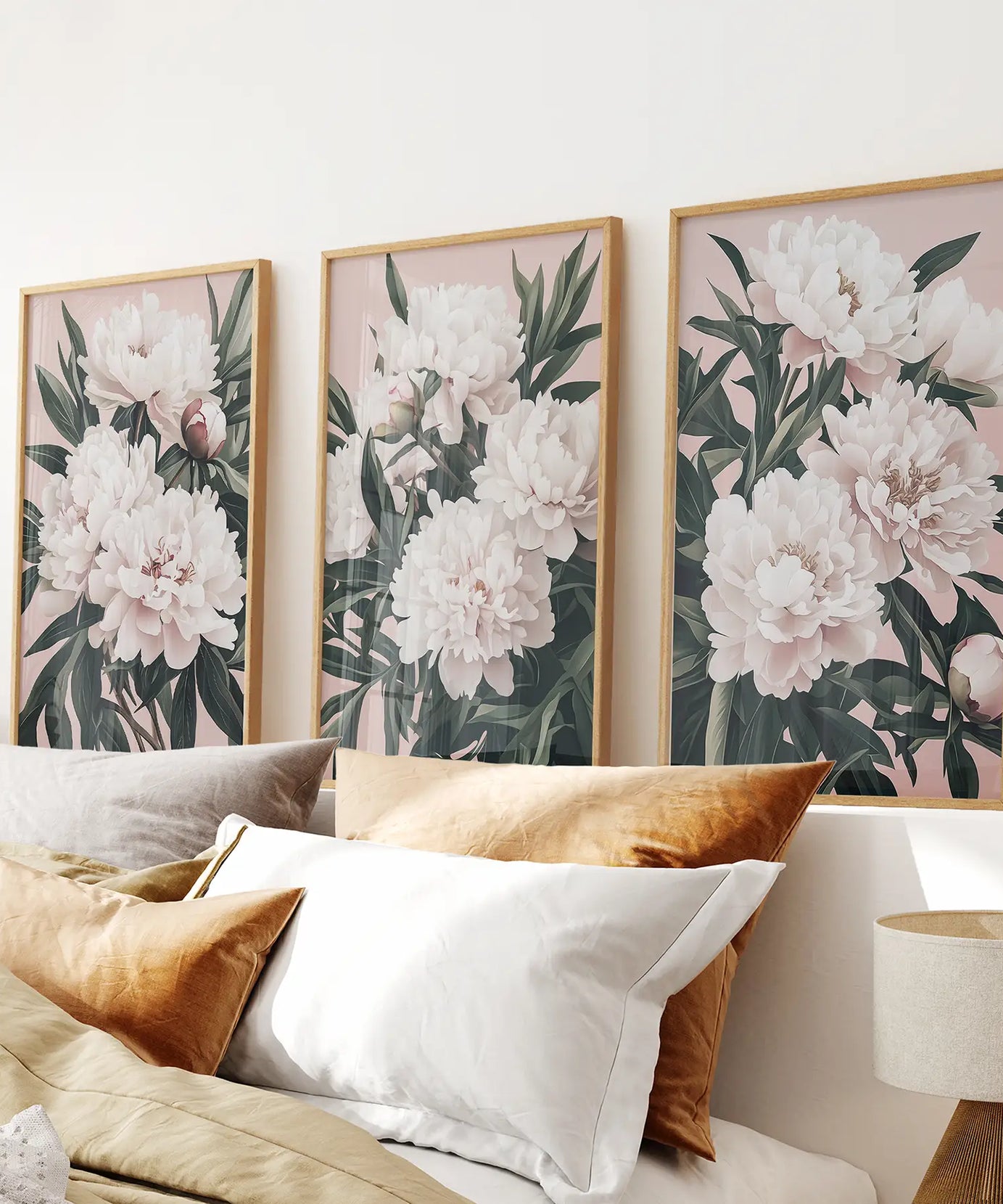 Pfingstrosen Blumen Wandkunst 3er Set. Rosa und Grüne Dekoration
