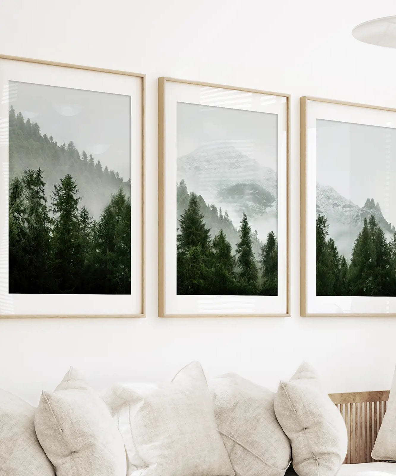 Green Mountain Forest 3 Piece Wall Art. Foggy Nordic Nature