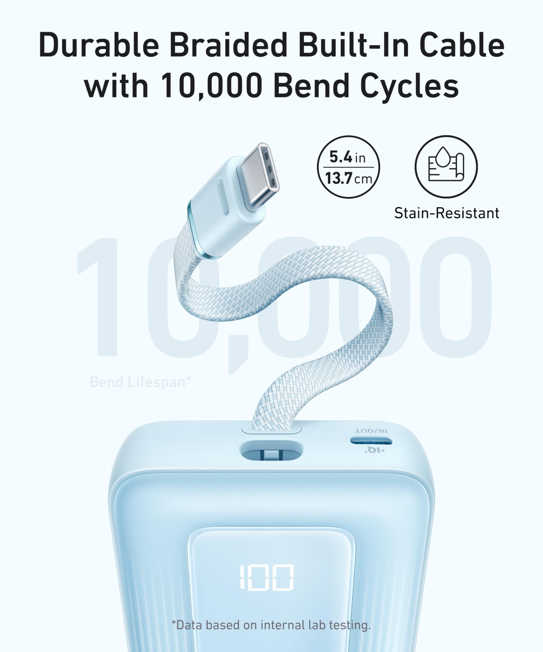 Anker Zolo Power Bank (10K, 30W) with a 5.4-inch (13.7 cm) built-in USB-C cable.