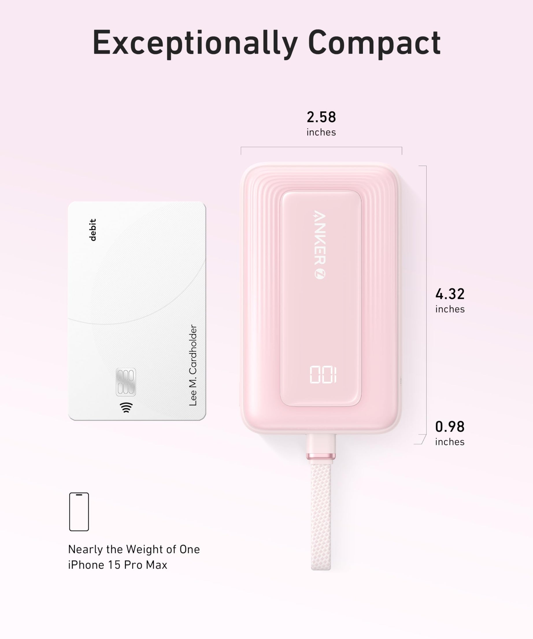Anker Zolo Power Bank (10K, 30W) with a 5.4-inch (13.7 cm) built-in USB-C cable.